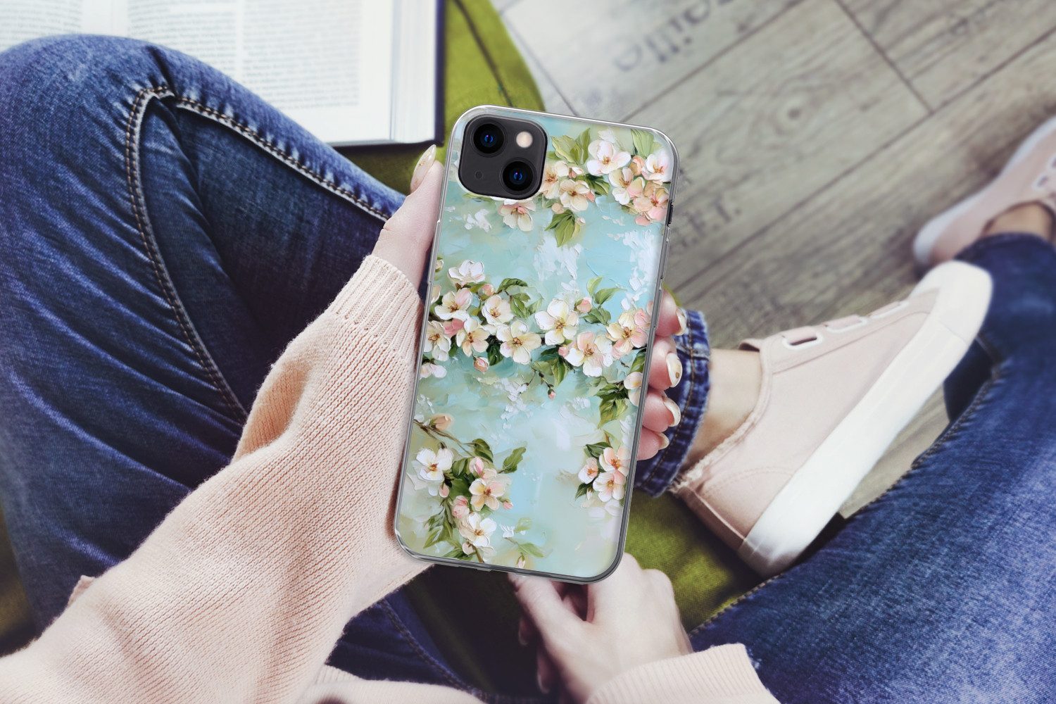 MuchoWow Handyhülle für Apple iPhone 13 mini Blüte - Blätter - Hellblau, Smartphone-Bumper, Print, Handy Schutzhülle Dünn