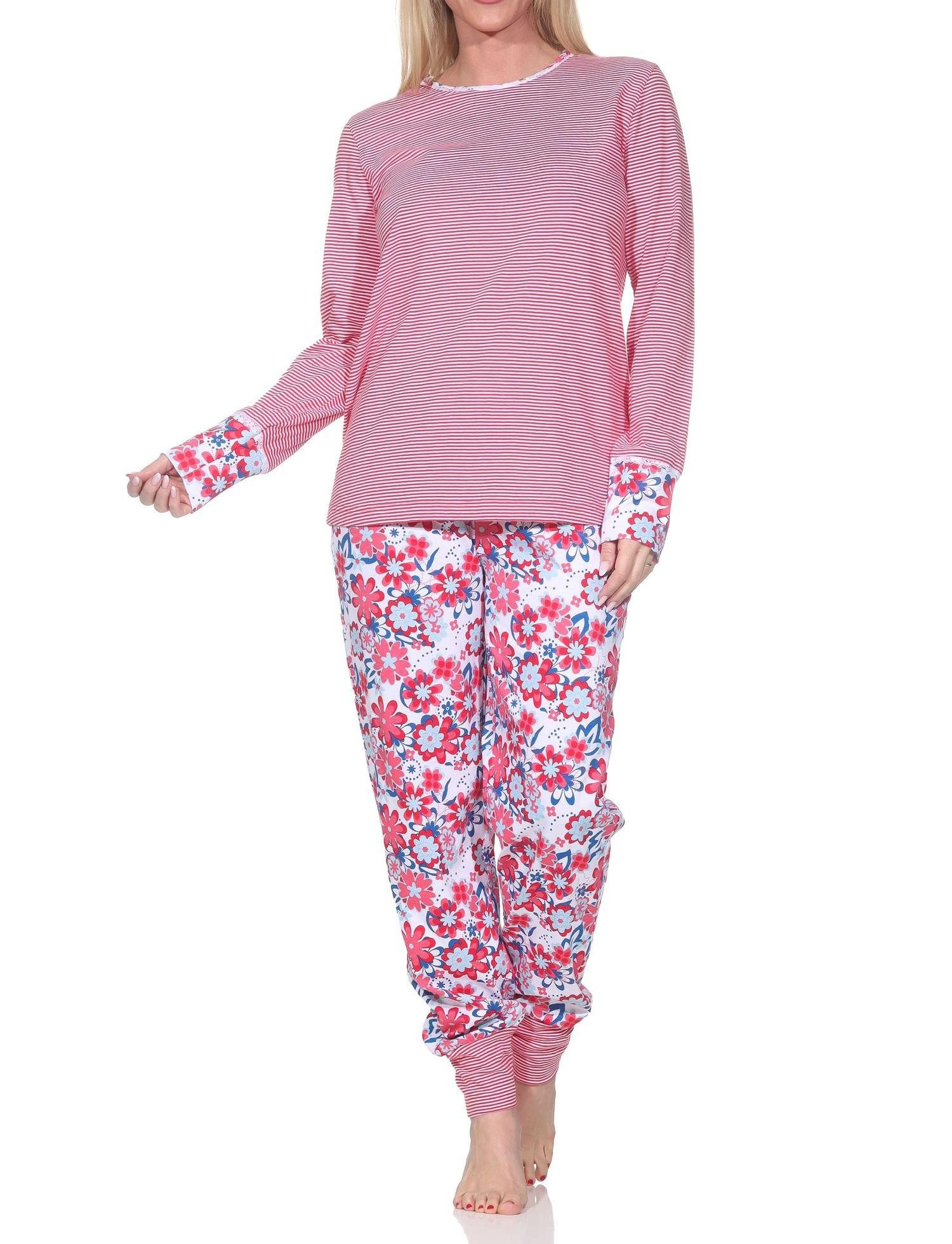 Pyjama Damen Schlafanzug mit Bündchen, Oberteil gestreift –auch in Übergröße