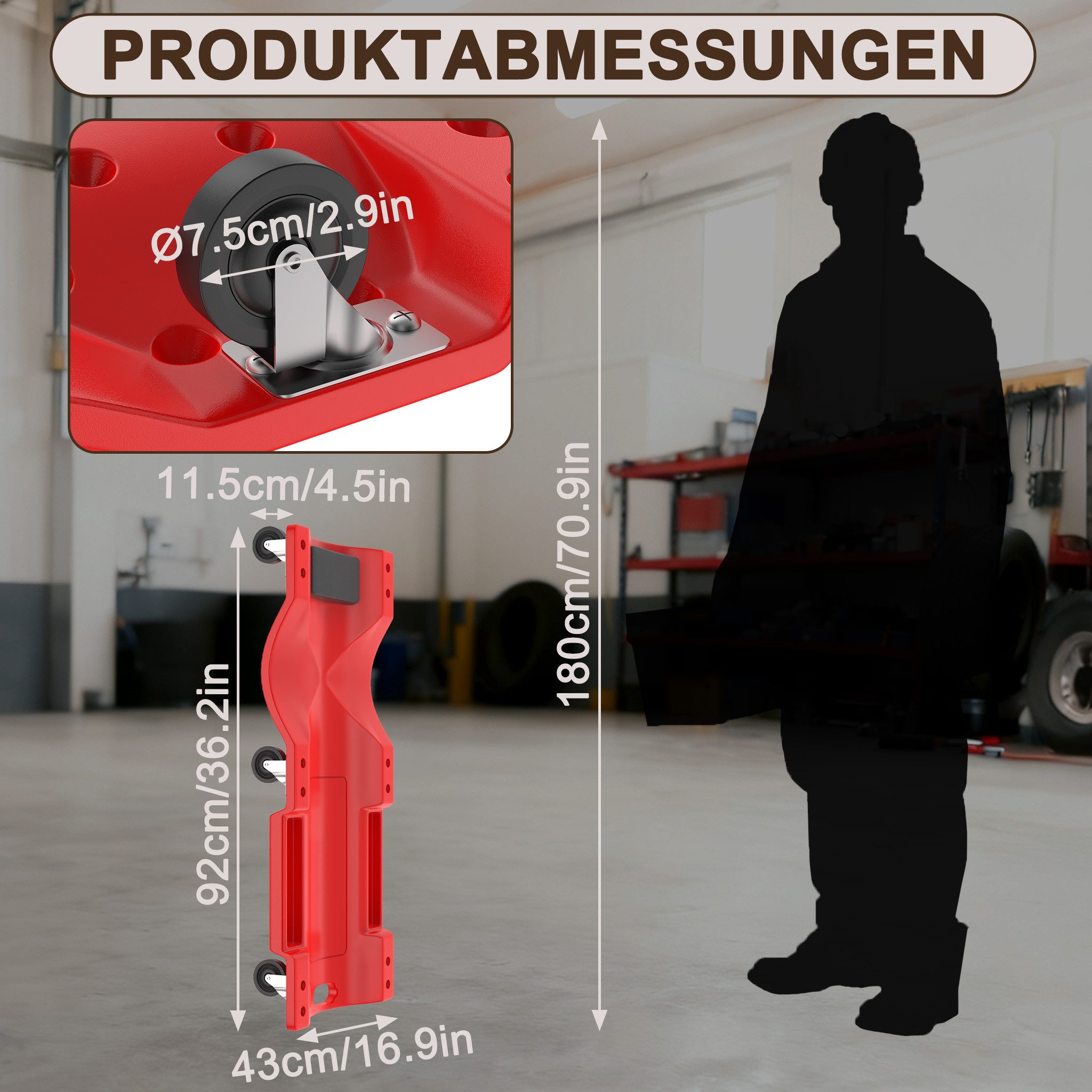 FIVMEN Rollbrett Werkstatt Montagerollbrett mit 6 kugelgelagerten 360° Rolle, (Packung), Werkstattliege Montageliege mit Kopfstütze und 2 Ablagefächern