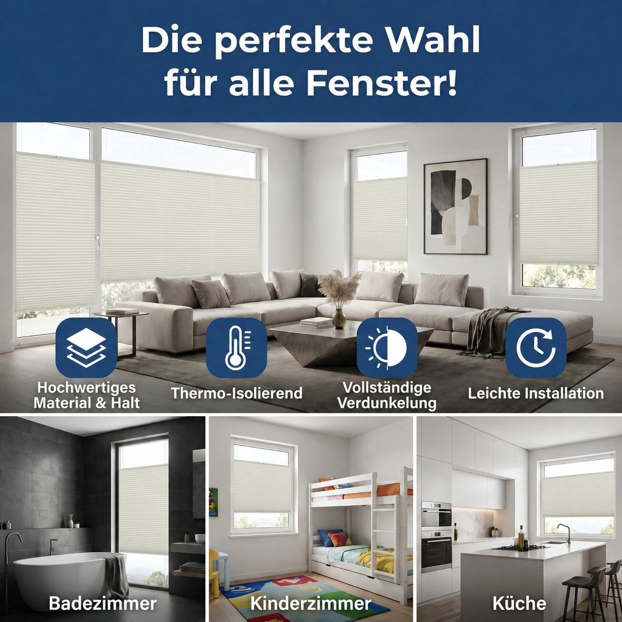 Rikmani Plissee Thermo Fensterplissee ohne Bohren, Naturweiß, 40x110, verdunkelnd, Klemmfix, Langlebige Premium-Qualität, Thermo Plissee