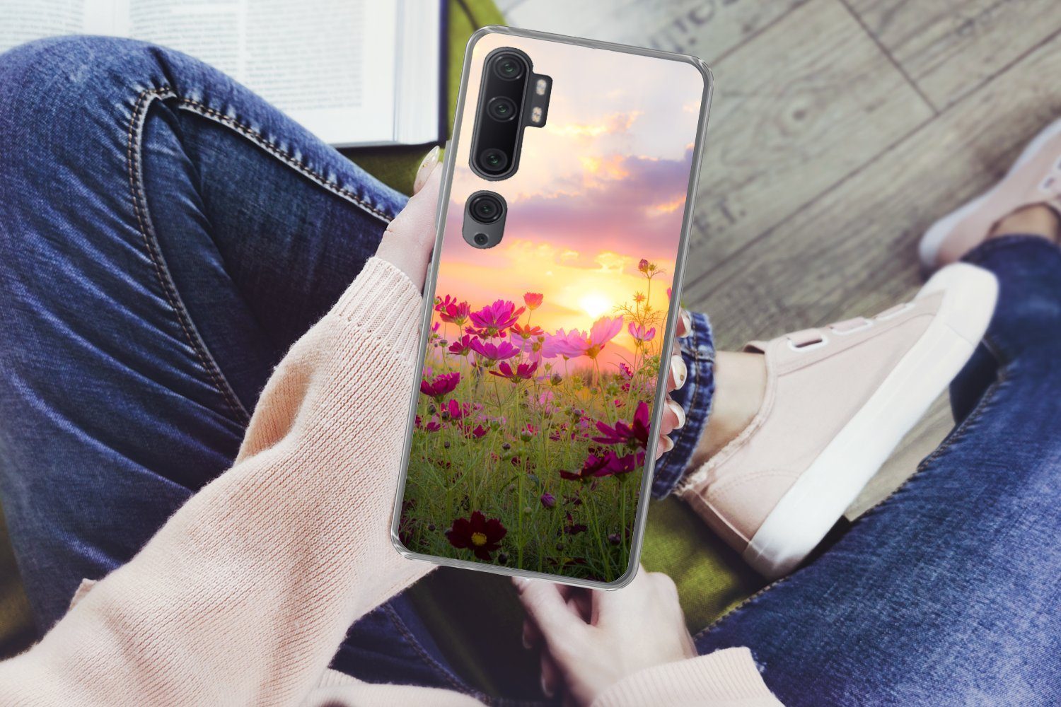 MuchoWow Handyhülle für Xiaomi Mi Note 10 Pro Blumen - Rosa - Sonnenuntergang - Natur - Wi