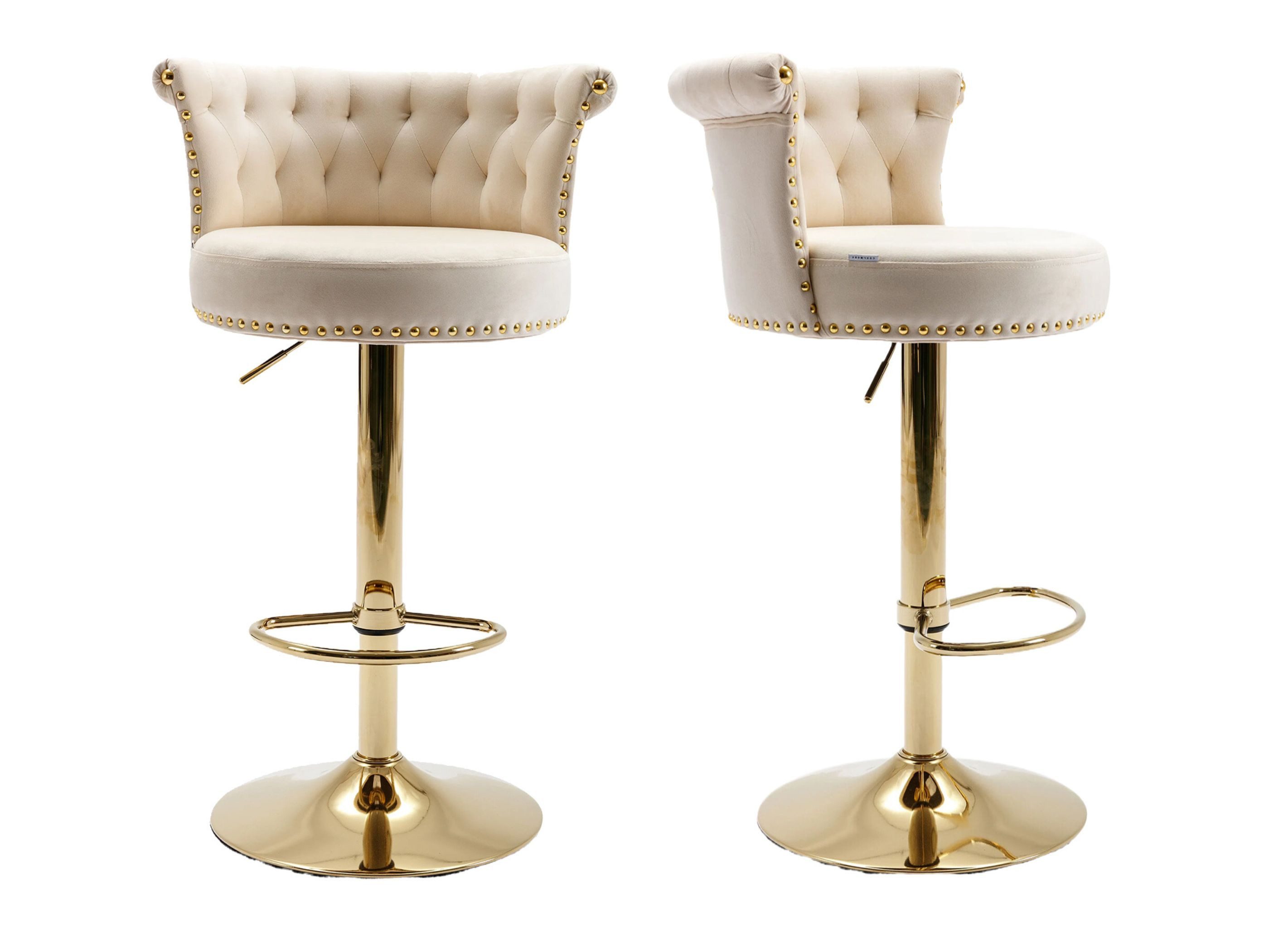 Barhocker 2er-Set Samt-Barhocker mit Goldbasis, Höhenverstellbar (82-101 cm)