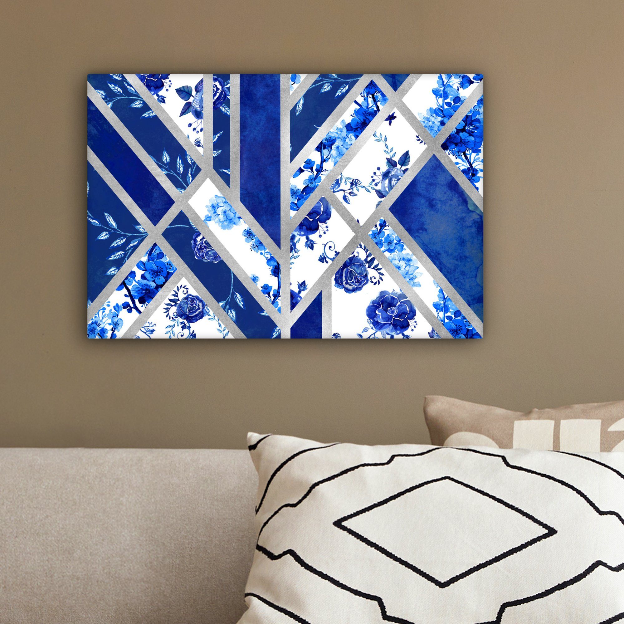 Luxus, Leinwandbild Delfter Blau Wanddeko, OneMillionCanvasses® Wandbild - Leinwandbilder, St), - cm Design Aufhängefertig, (1 30x20