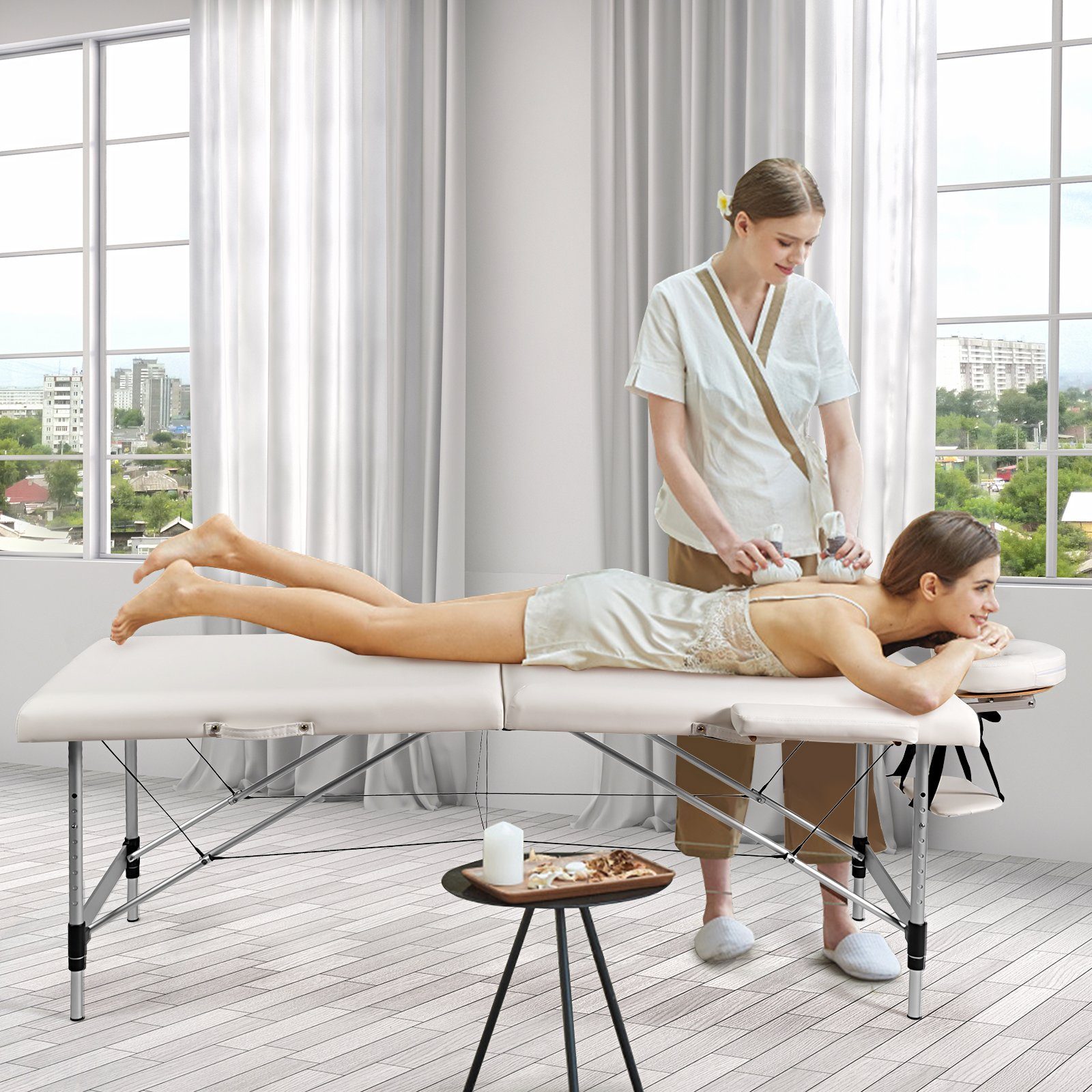 COSTWAY Massageliege, höhenverstellbar, mit abnehmbaren Kopfstützen & Armlehnen
