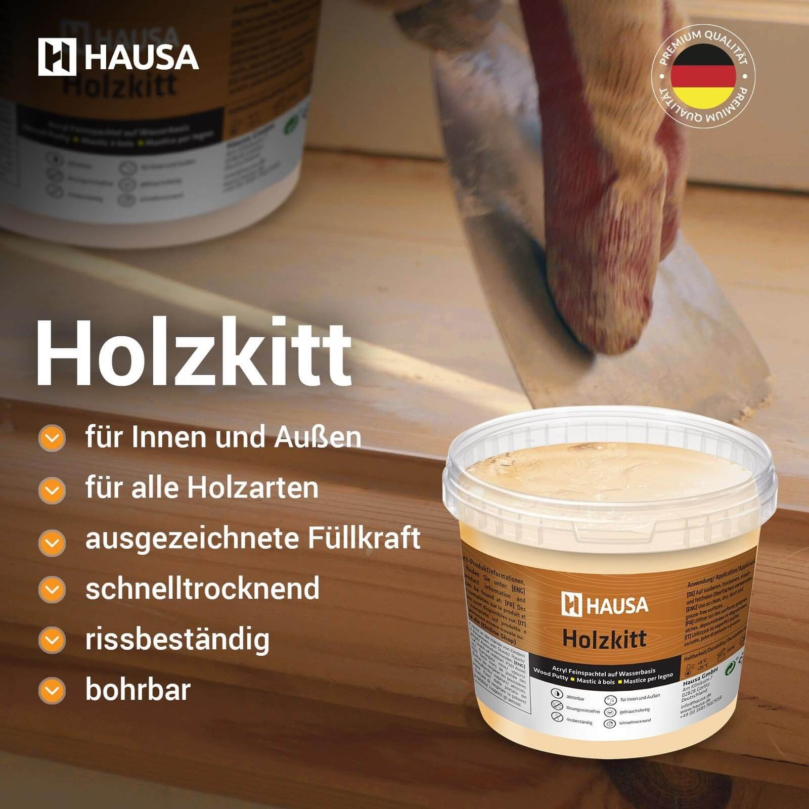Hausa Holz-Reparaturset Holzkitt, 250g gebrauchsfertig ausgezeichnete Füllkraft rissbeständig, 1-St., Gramm Grau Holzspachtelmasse Kitt für Holz, Holzspachtel/Füllmasse zum Reparieren