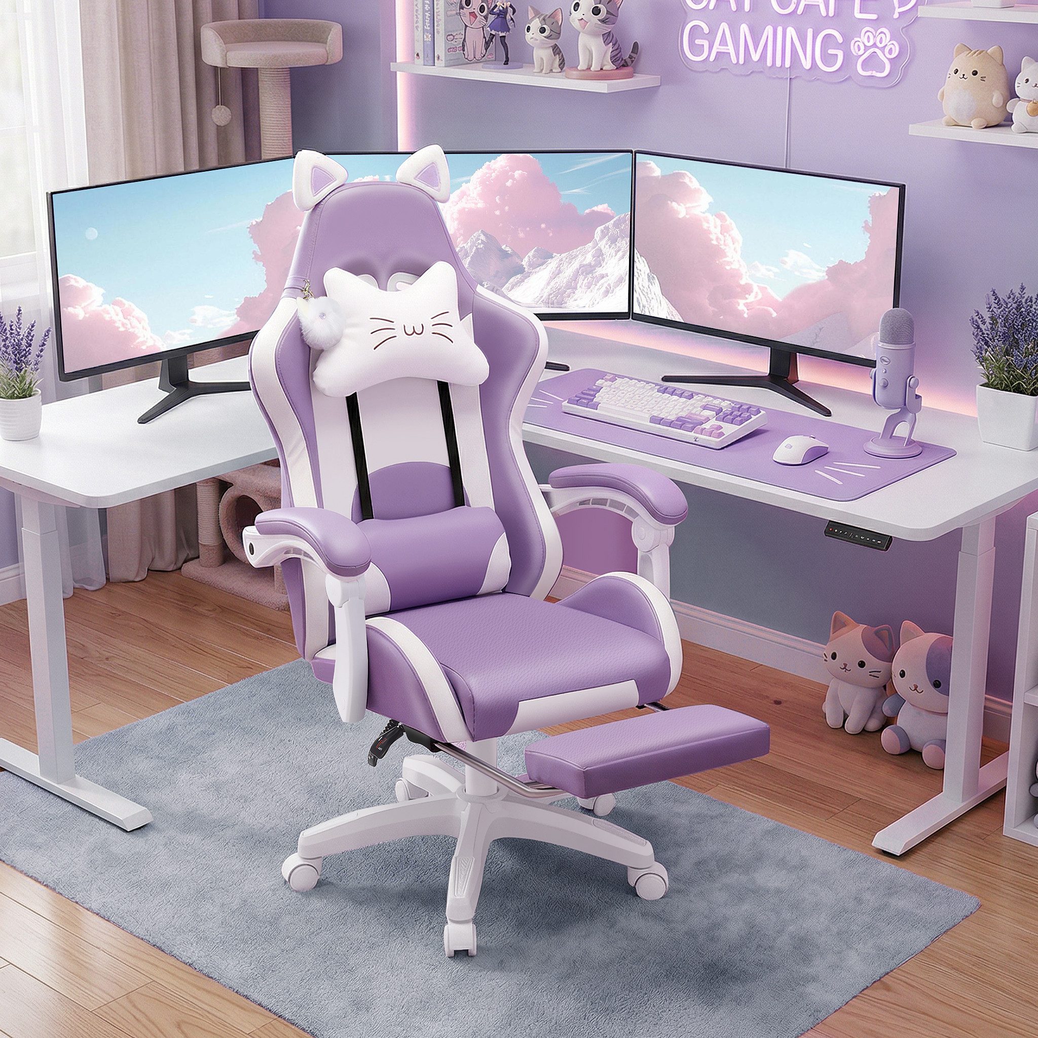 oyajia Gaming-Stuhl Bürostuhl Ergonomisch mit Kopfstütze und Katzenohren, PU-Leder (Gamer Stuhl, Racing Computerstuhl PC Stuhl mit Fußstütze Kopfstütze, 1 St), 115-125cm verstellbare Sitzhöhe, mit Lendenwirbelstütze