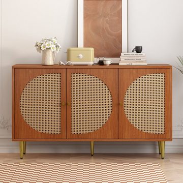 EXTSUD Sideboard Sideboard mit 3 Rattan verzierten Türen, Kommode Highboard, Rattan-Webung, vielfältiger Stauraum, langlebig, verstellbare Regale