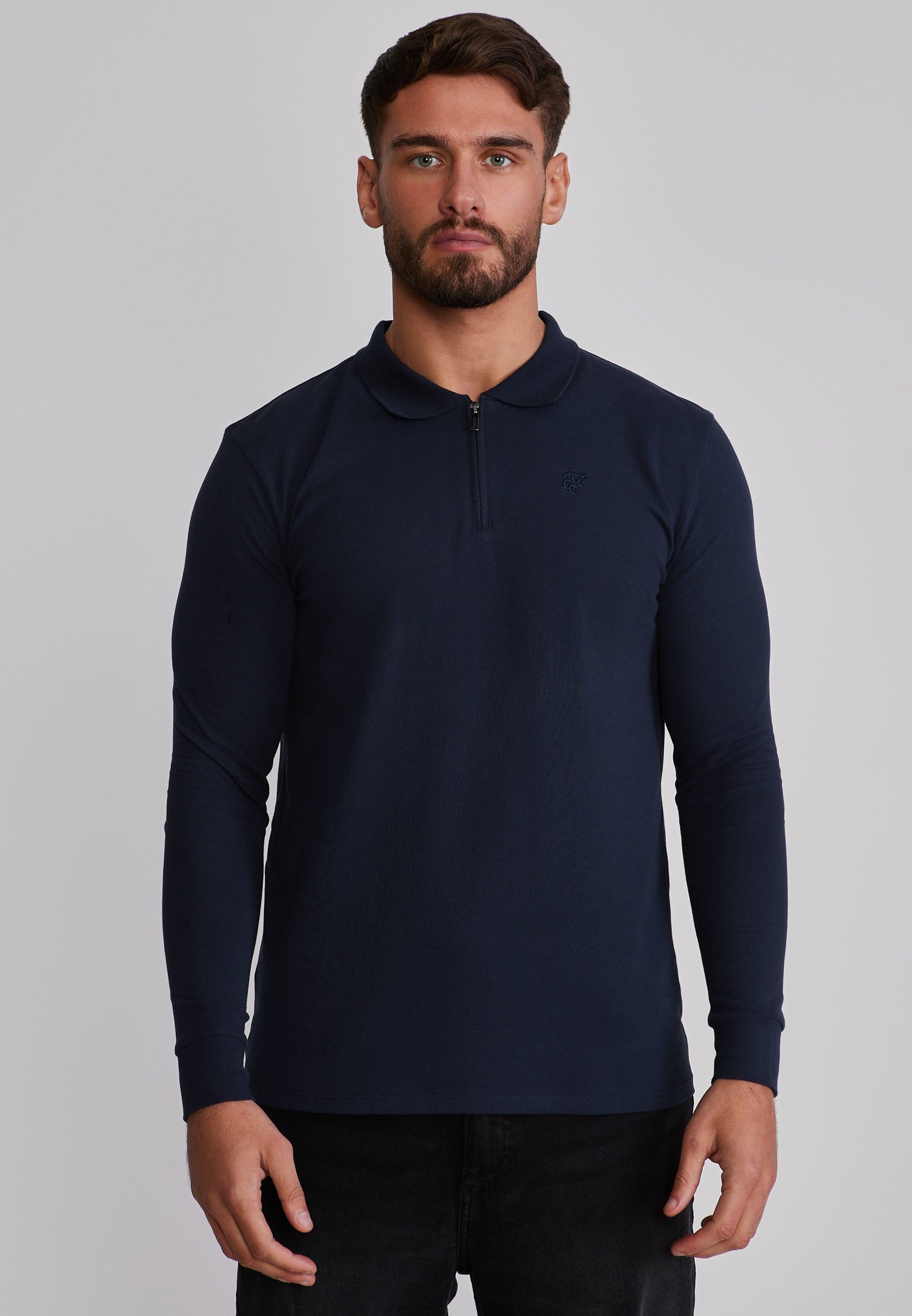 Poloshirt SikSilk Herren Navyblau LS Zip Polo T-Shirt