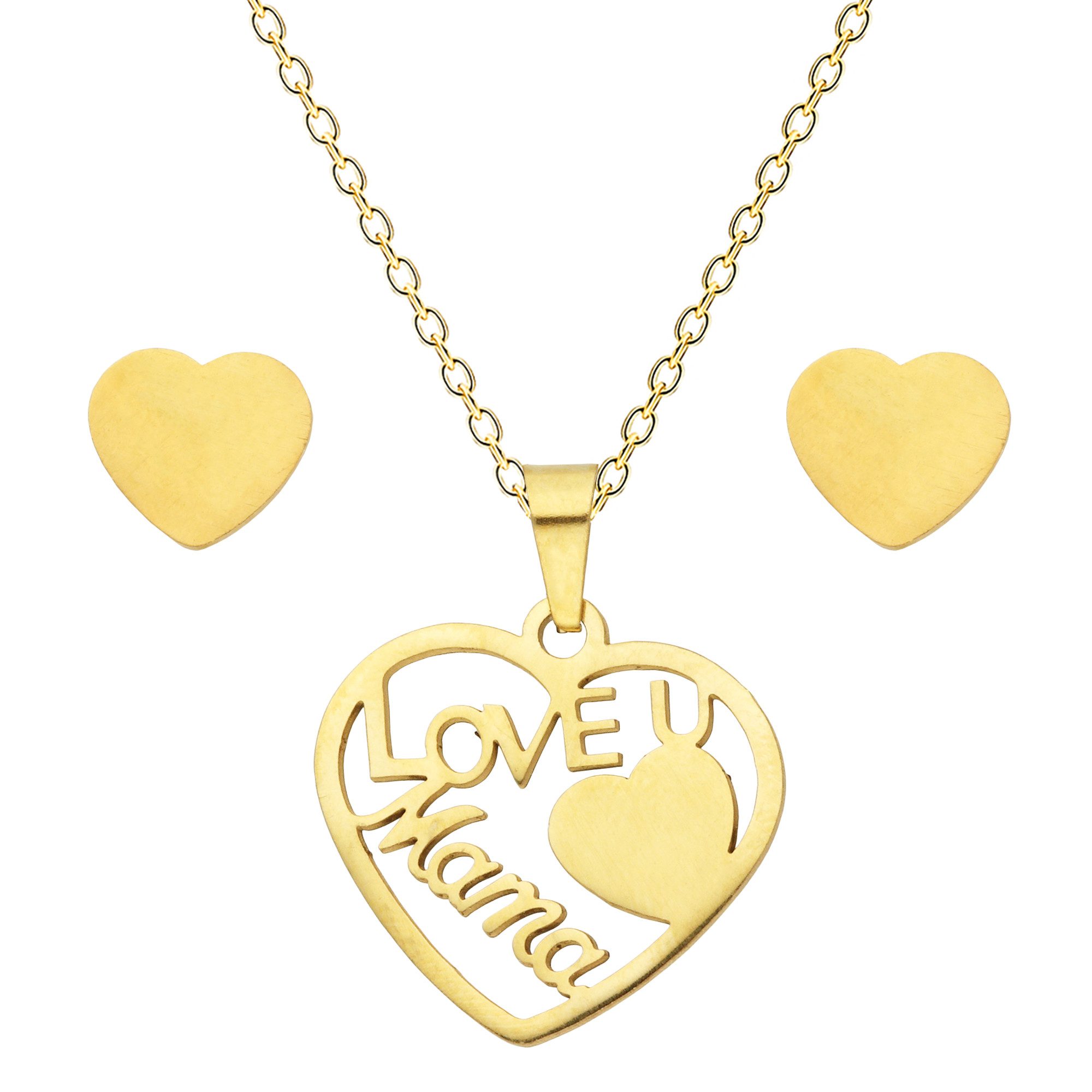 LÖB Schmuckset 750er Gold vergoldet Halskette Ohrringe Set Herz Love Mama Anhänger (Geschenke für Frauen Damen Beste Freundin Mutter Mama Ehefrau Oma sie zum Geburtstag Schmuck Herbst Oktoberfest), Kette Ohrstecker Liebe Schmuckset Mutter Großmutter Schriftzug Geburt