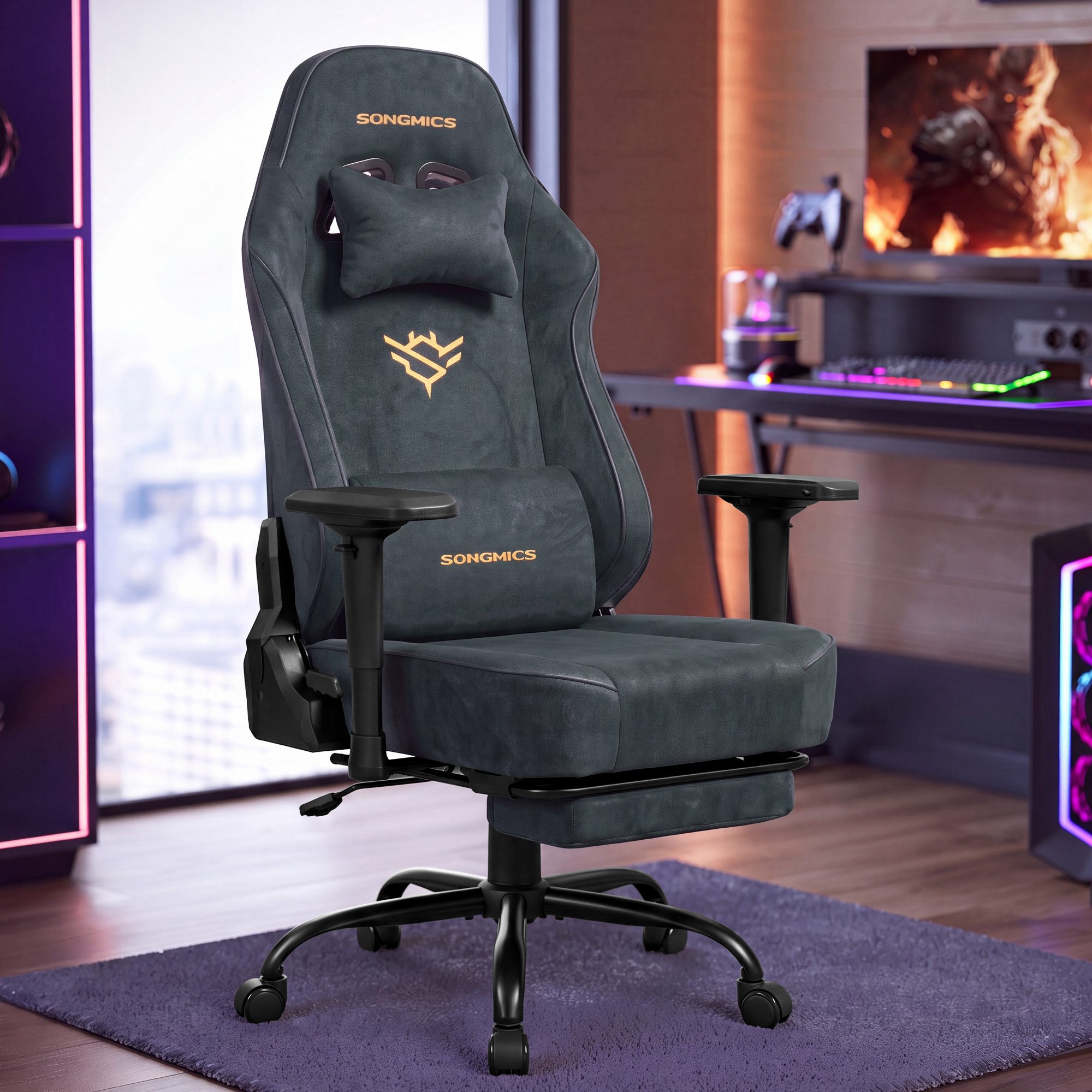 SONGMICS Gaming-Stuhl Schreibtischstuhl ergonomisch, 4D verstellbare Armlehnen, Fußstütze, Bis 200 kg belastbar, 72 x 72 x (125-135) cm, Wildlederimitat