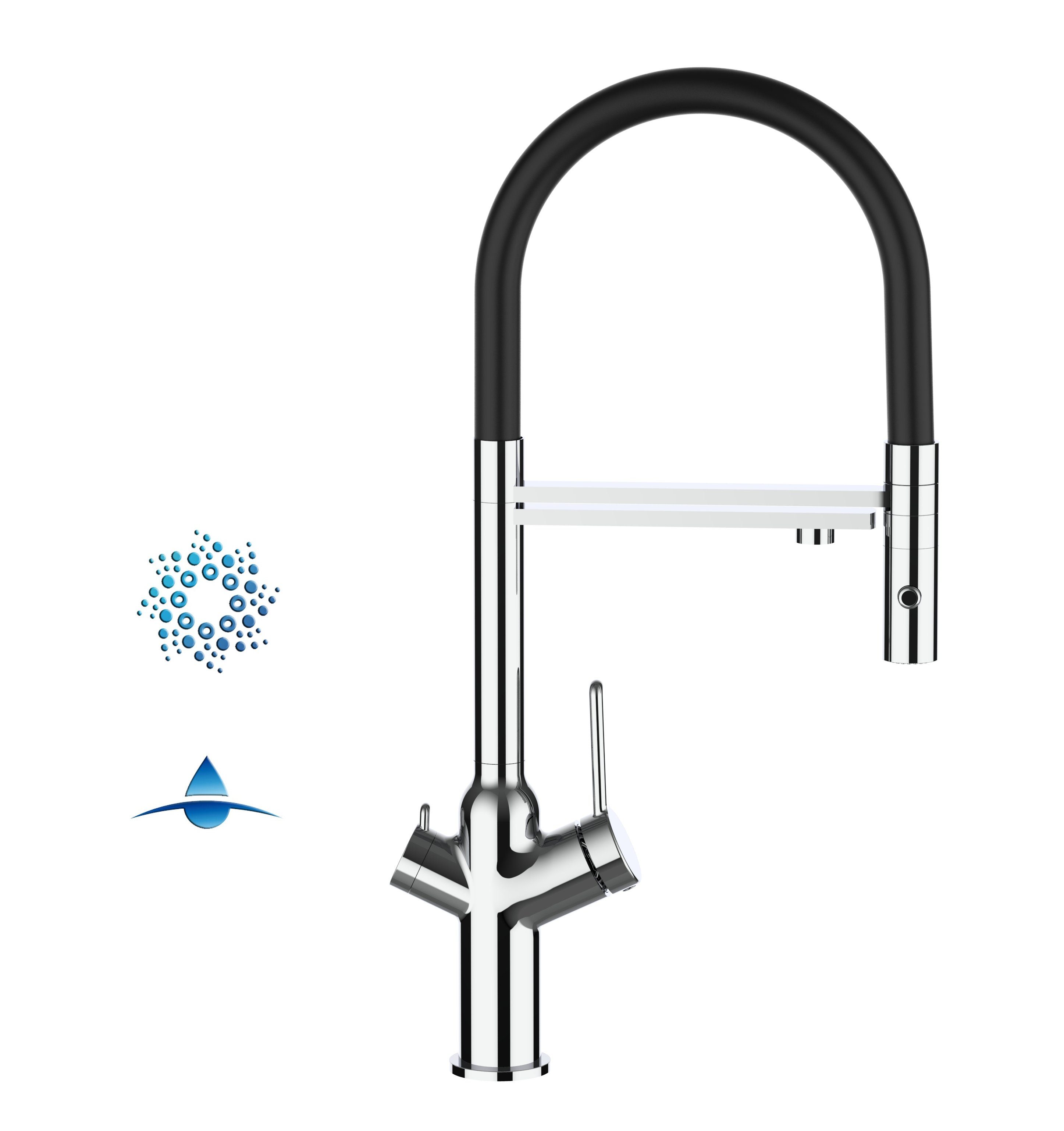 VIZIO Küchenarmatur 4-Wege Küchenarmatur für Sprudelanlagen und Wasserfiltersysteme mit 360 ° schwenkbarem Auslauf und abnehmbarer 2-strahl-Handbrause - Chrom Hochdruck, Hochwertige Verchromung, 4 Wege, Separater Filterwasser-Zulauf mit 2 Wege Umstellventil, Abnehmbare 2 Strahl Brause Schwarz