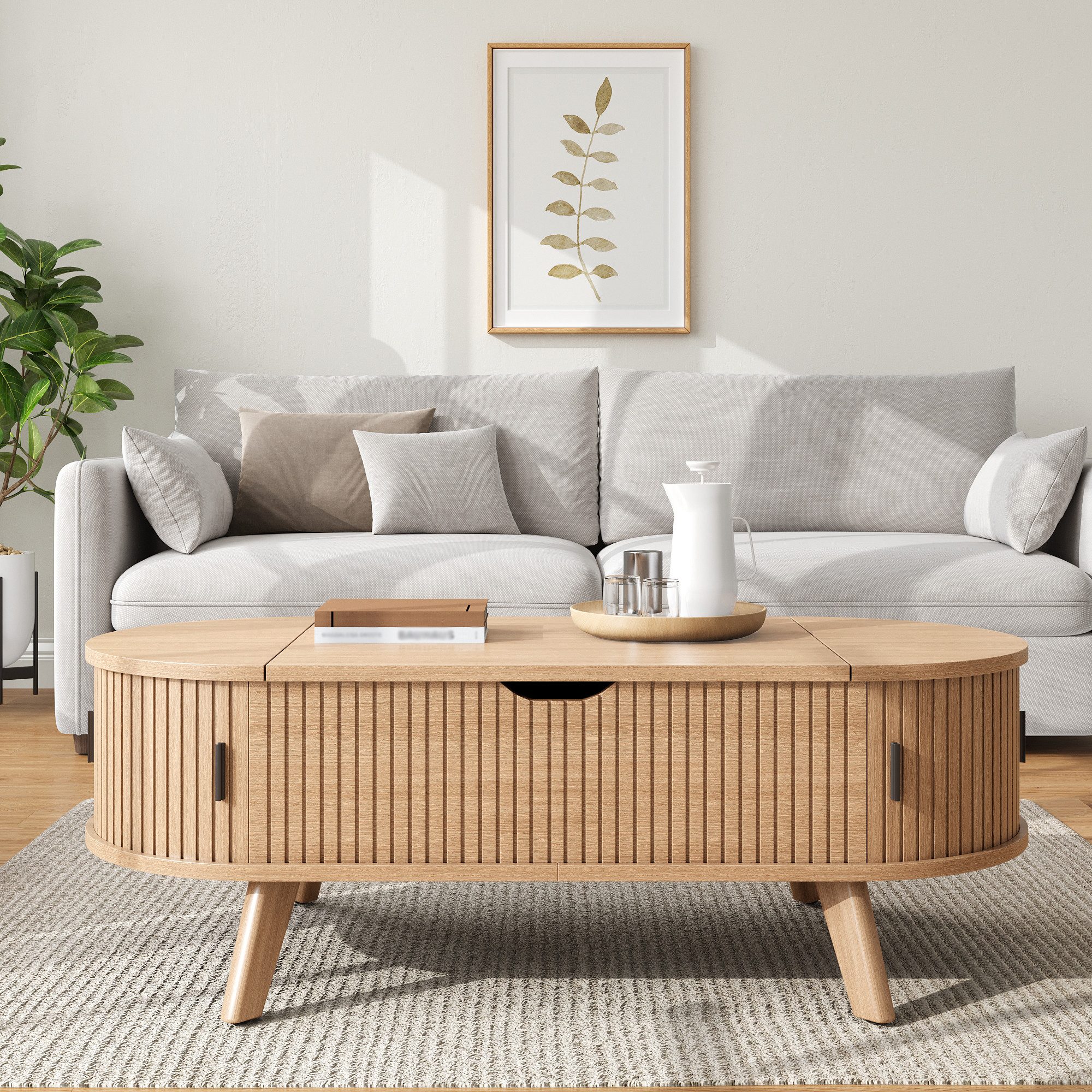 Merax Couchtisch ovaler Wohnzimmertisch Beistelltisch mit höhenverstellbarer Hubplatte (1-St., 110 x 50 x 53,5 cm), Sofatisch mit verstecktem Stauraum, 2 Schieb – Bild 2 von 5