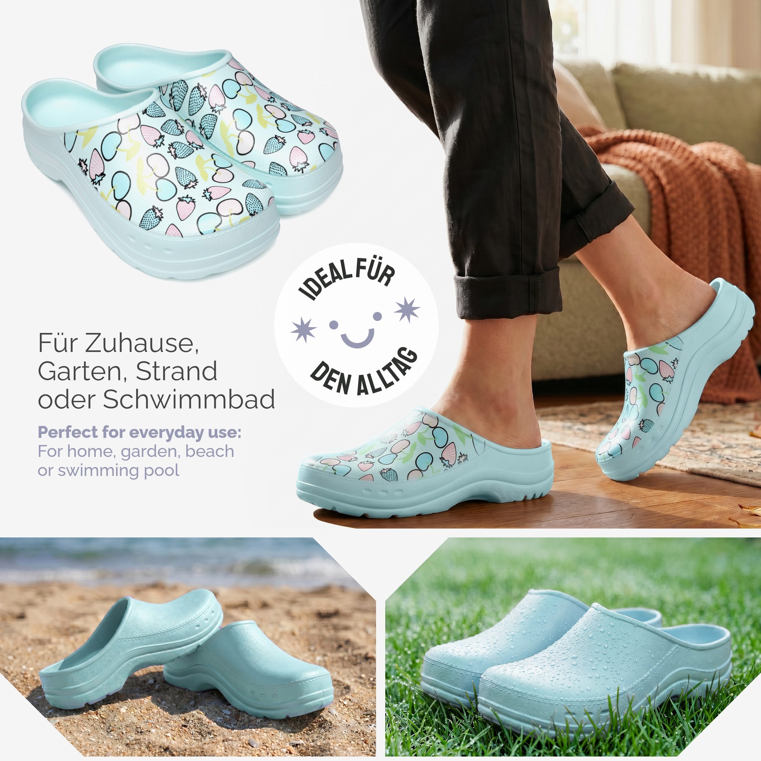 Ladeheid Gartenclogs für Damen Ultraleicht EVA Gemustert Gartenschuhe LA-CA-27 Clog (39 EU, Aquablau/Fruchtmotiv2) Wasserdicht & Flexibel – Bild 4 von 5