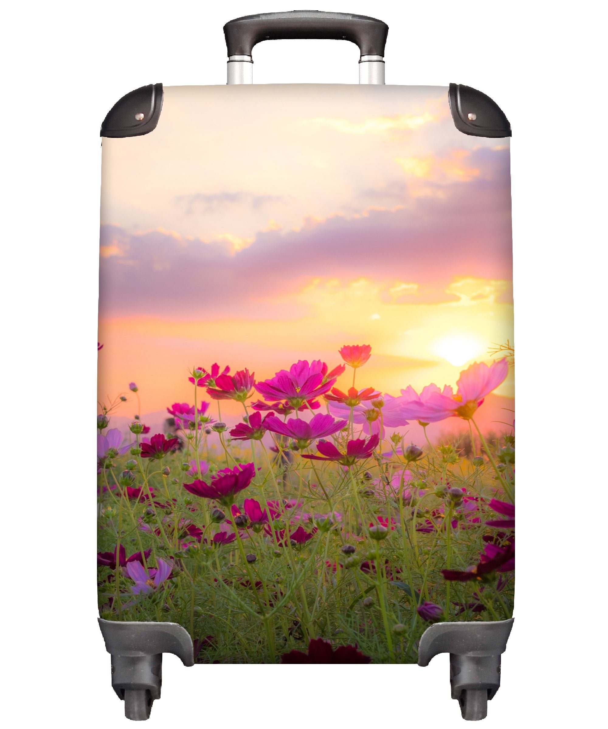 MuchoWow Handgepäckkoffer Sonnenuntergang - Blumen - Rosa - Natur - Grün, 4 Rollen, Reisetasche mit rollen, Handgepäck für Ferien, Trolley, Reisekoffer | Handgepäck-Koffer