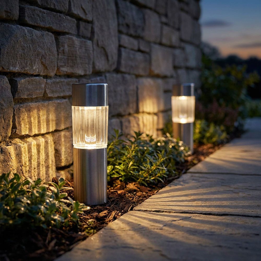GLOBO LIGHTING LED Gartenleuchte, LED-Leuchtmittel fest verbaut, Warmweiß, 4er Set LED Edelstahl Solar Leuchten Steck Leuchten Erdspieß Außen