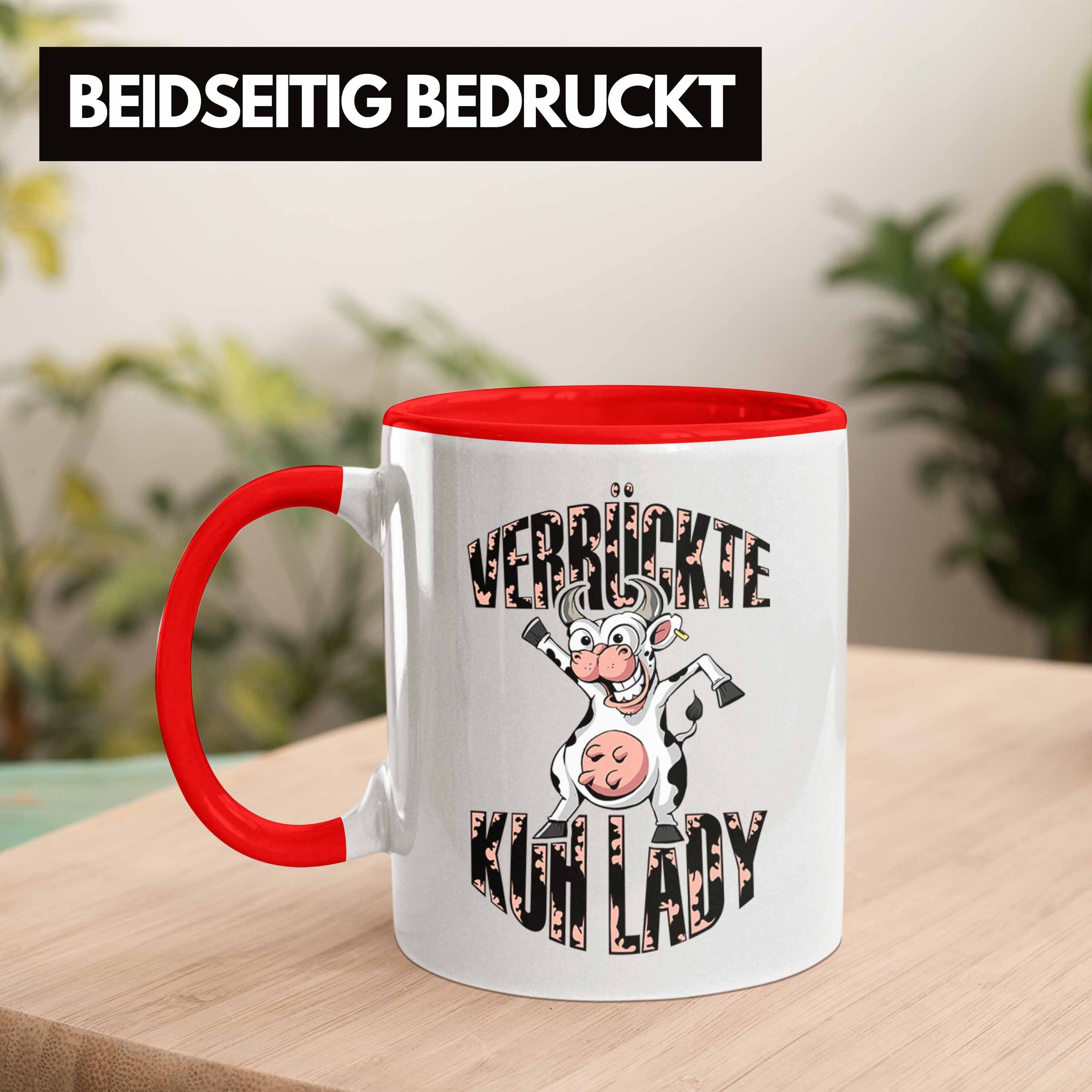 Geschenk "Verrückte Kuhlady" Tasse Trendation Frauen Bauernhof Lustige Bäuerin Rot Tasse