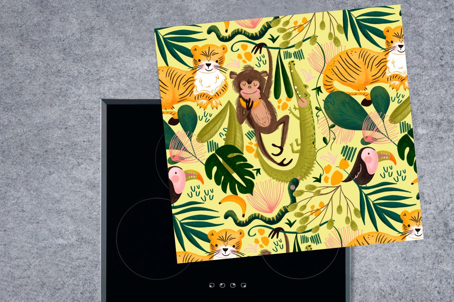 MuchoWow Herdblende-/Abdeckplatte Dschungel - Affe Arbeitsplatte Krokodil Gelb, cm, (1 78x78 Ceranfeldabdeckung, - tlg), - für Vinyl, küche