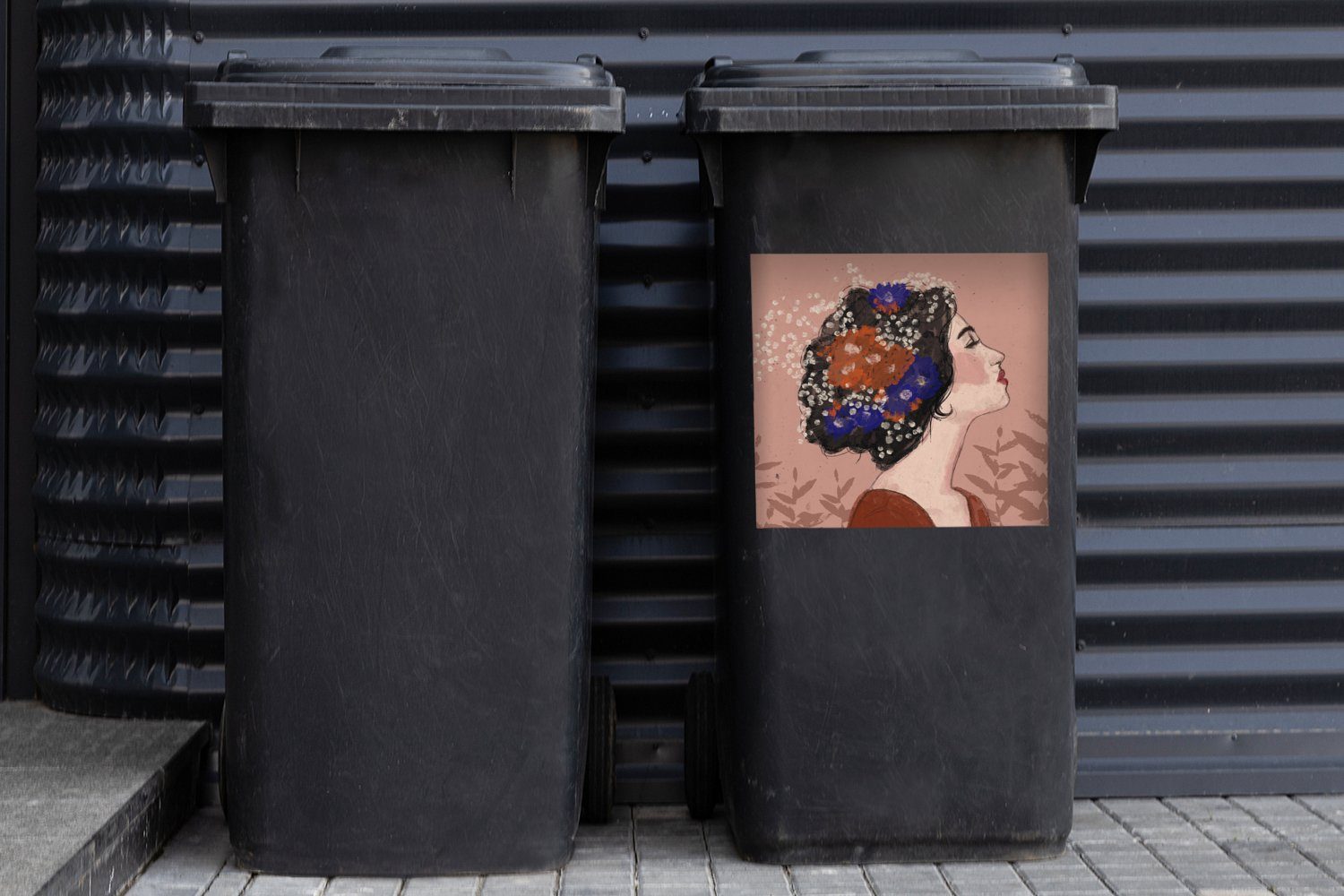 MuchoWow Wandsticker Abfalbehälter - Porträt Container, Mülleimer-aufkleber, - Mülltonne, Pastell (1 - Frau St), - Sticker, Braun Blumen