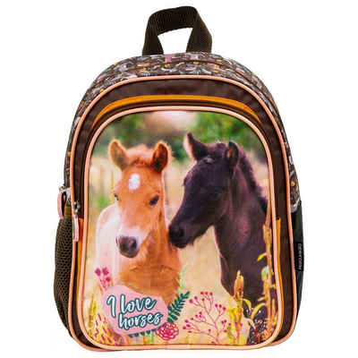 DERFORM Kinderrucksack Pferde Pony Rucksack ca. 28 cm Kindergarten Tasche Pferd braun