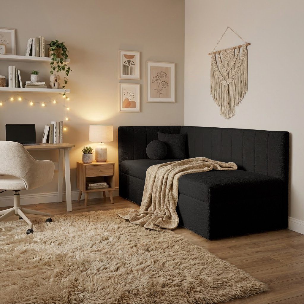 Beautysofa Einzelbett 90×200 mit Bettkasten RAFI (modernes Eckbett aus Bouclé-Stoff, für Kinder- und Jugendzimmer), mit Topper und Kissen