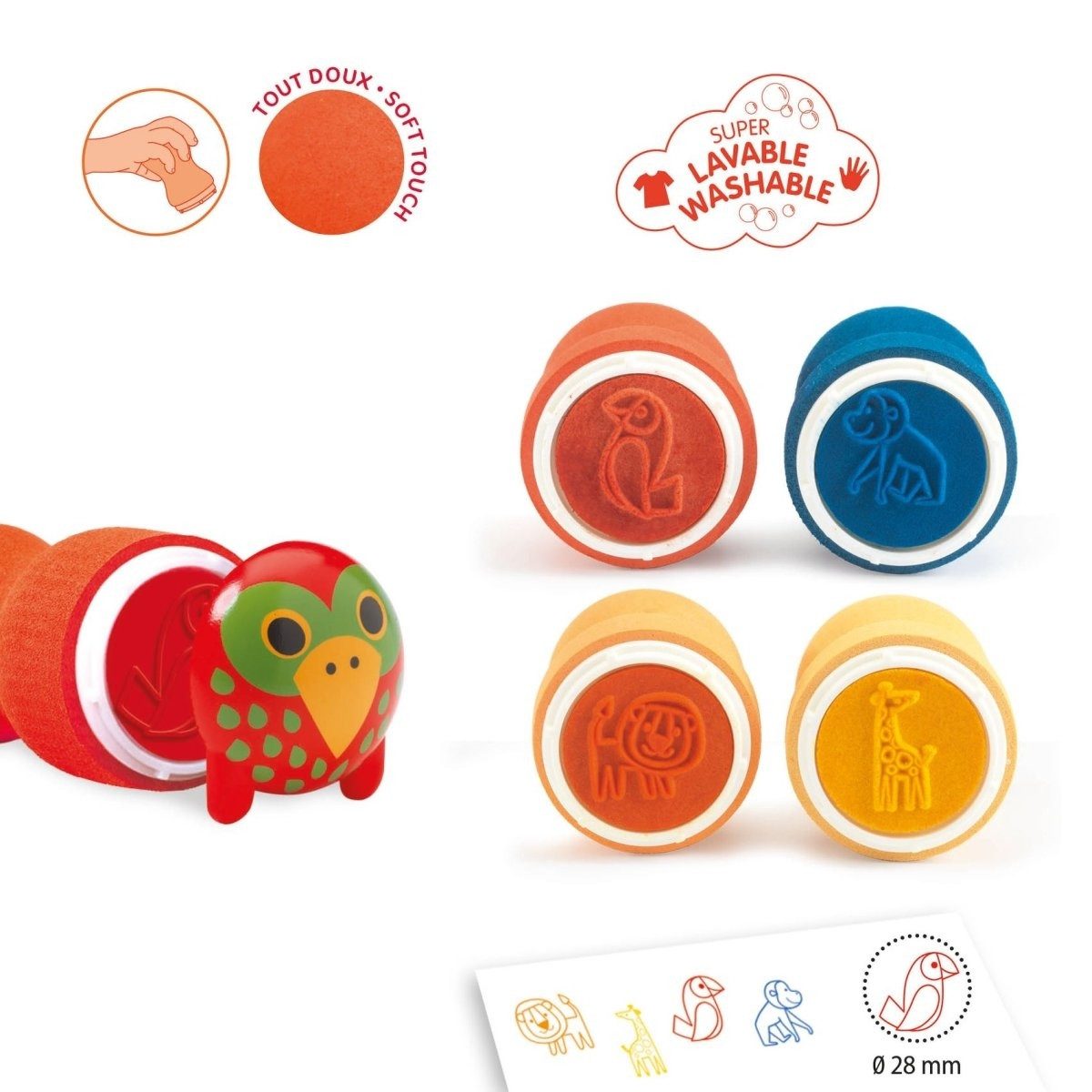 DJECO Stempel Ergonomische Selbstfärbestempel für Kleinkinder ab 18 Monaten, 4 Stück