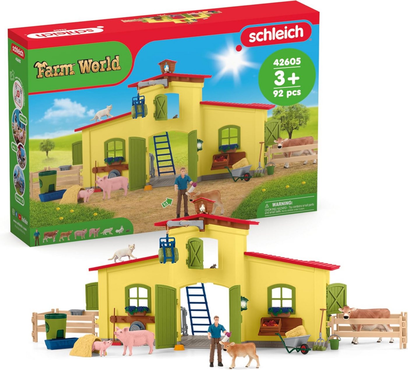Schleich® Spielwelt FARM WORLD, Großer Stall mit Tieren und Zubehör (42605), (64-tlg)