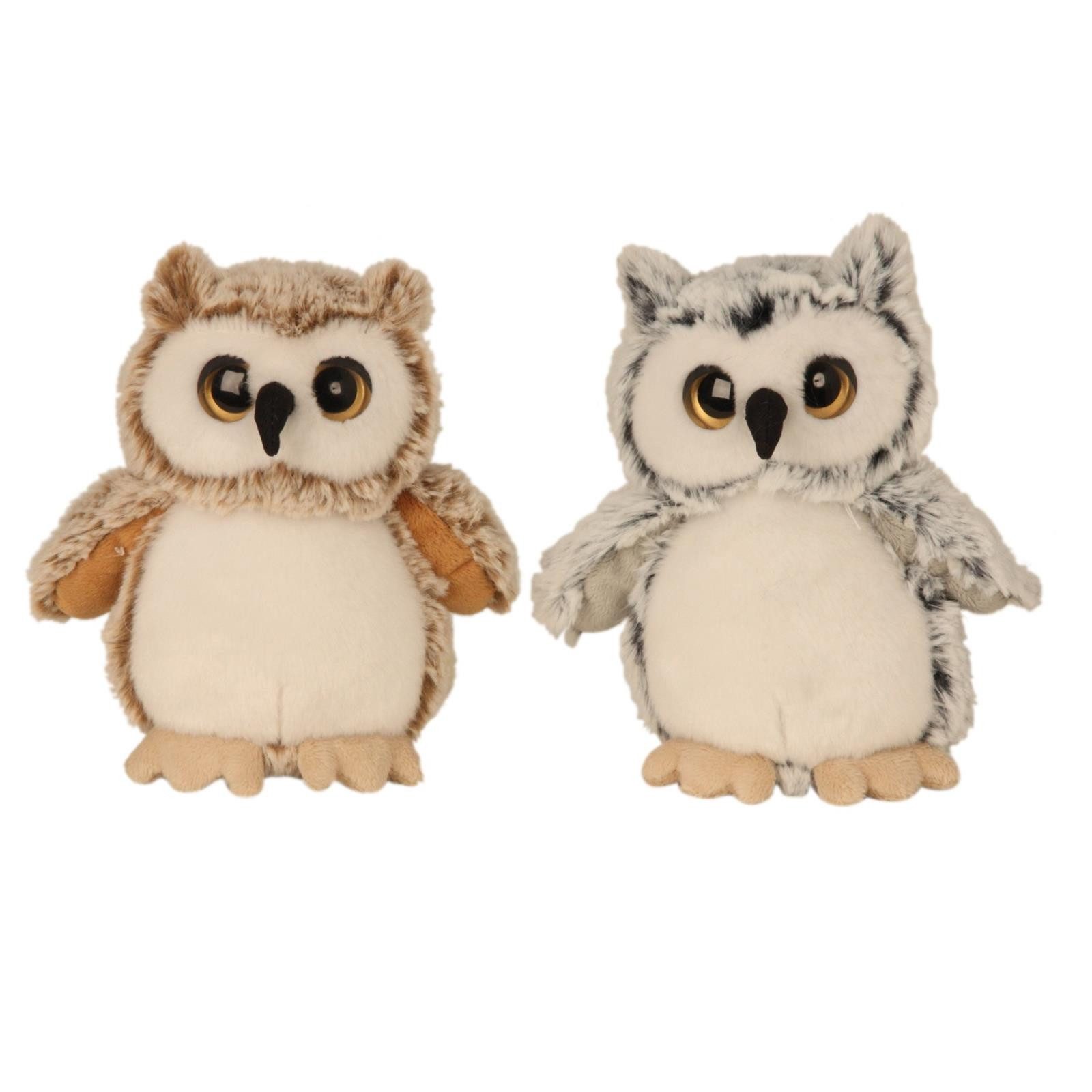 Geschenkestadl Kuscheltier Eulen 2er Set Plüsch Kuscheltiere Eule Grau Braun 17 cm Flauschig (Spar-Set, 2-St., 2er Set Eulen aus Plüsch), gelbe Augen