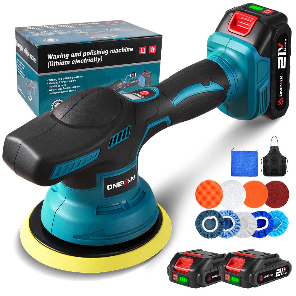 ONEVAN Akku-Poliermaschine 150 mm Exzenter mit 8 variablen Geschwindigkeiten bis 7800 U/min, 2500 min. U/min, 7800 max. U/min, Ø 150 mm, (mit 2x Akkus), für professionelle Auto-Detailpflege und effektive Kratzerentfernung