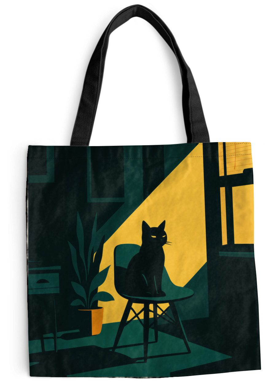 MuchoWow Shopper Schwarze Katze - Geheimnisvoll - Gelbe Tranche, Handtasche, Damen und Herren, Schultertasche, Umhängetasche, Tote Bag