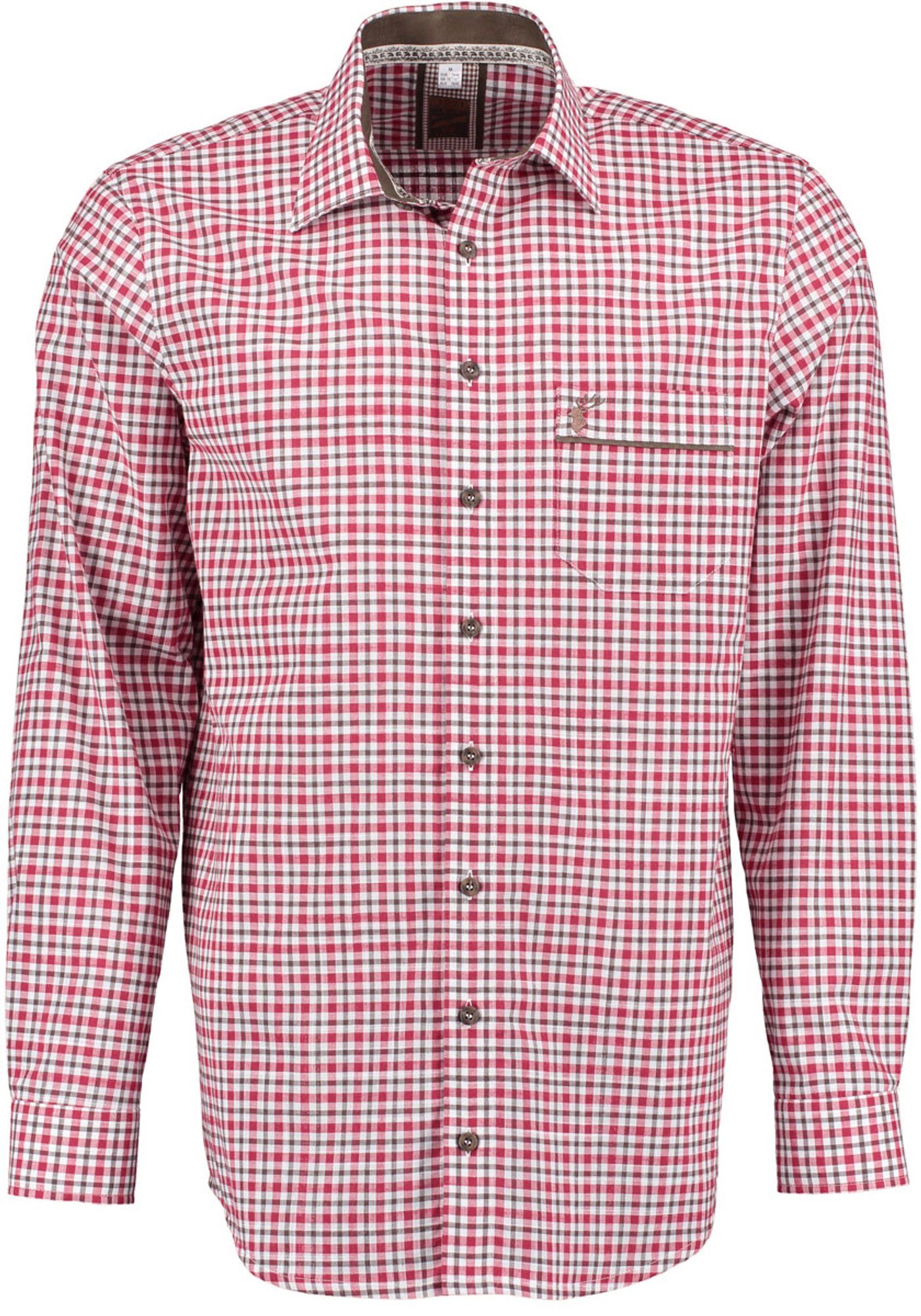 OS-Trachten Trachtenhemd Taneo Langarmhemd mittelrot mit auf Brusttasche Hirsch-Stickerei der