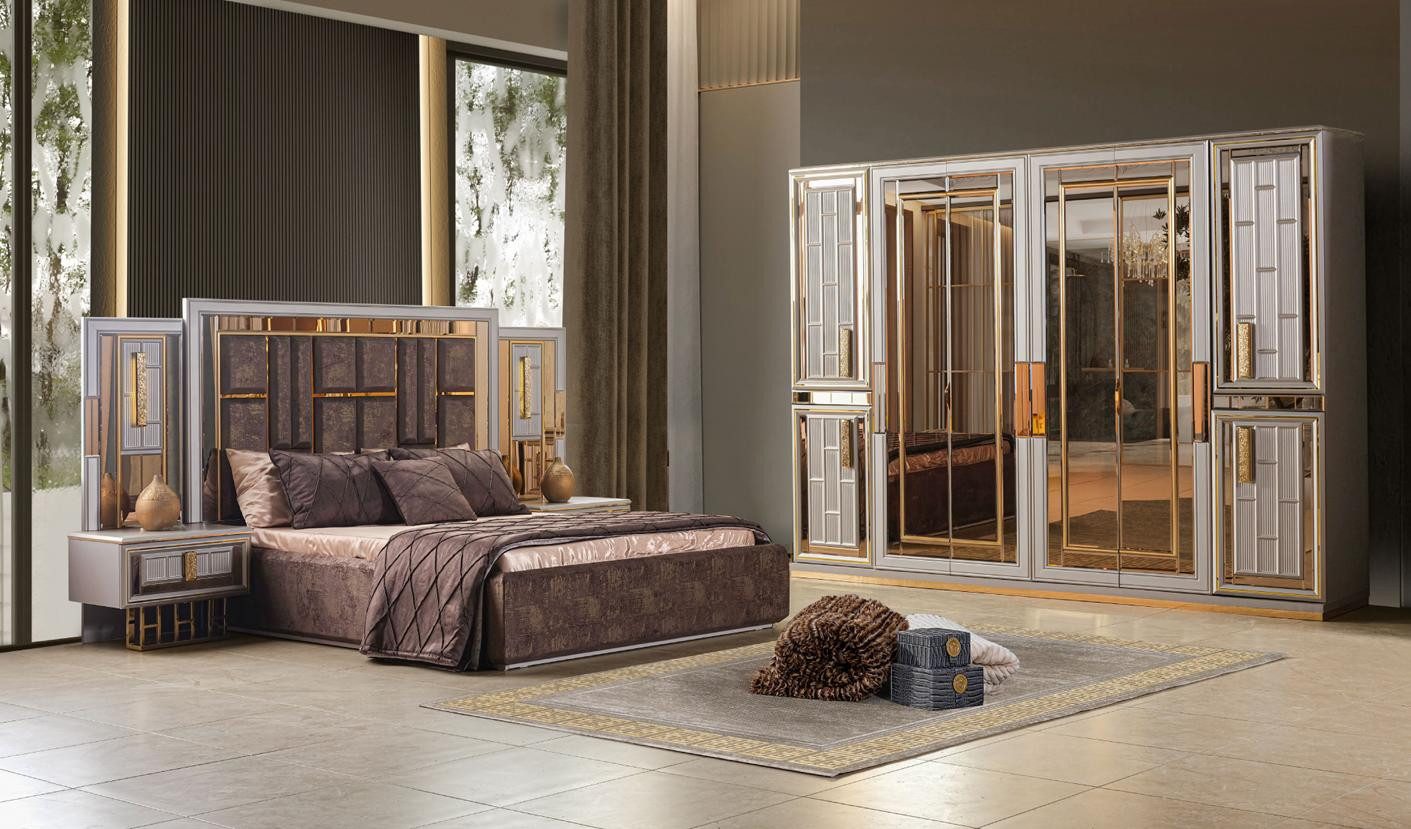 JVmoebel Komplettschlafzimmer Schlafzimmer Set Bett Kleiderschrank 2x Nachttische Grau Moderner Stil, (4-tlg), Made in Europa