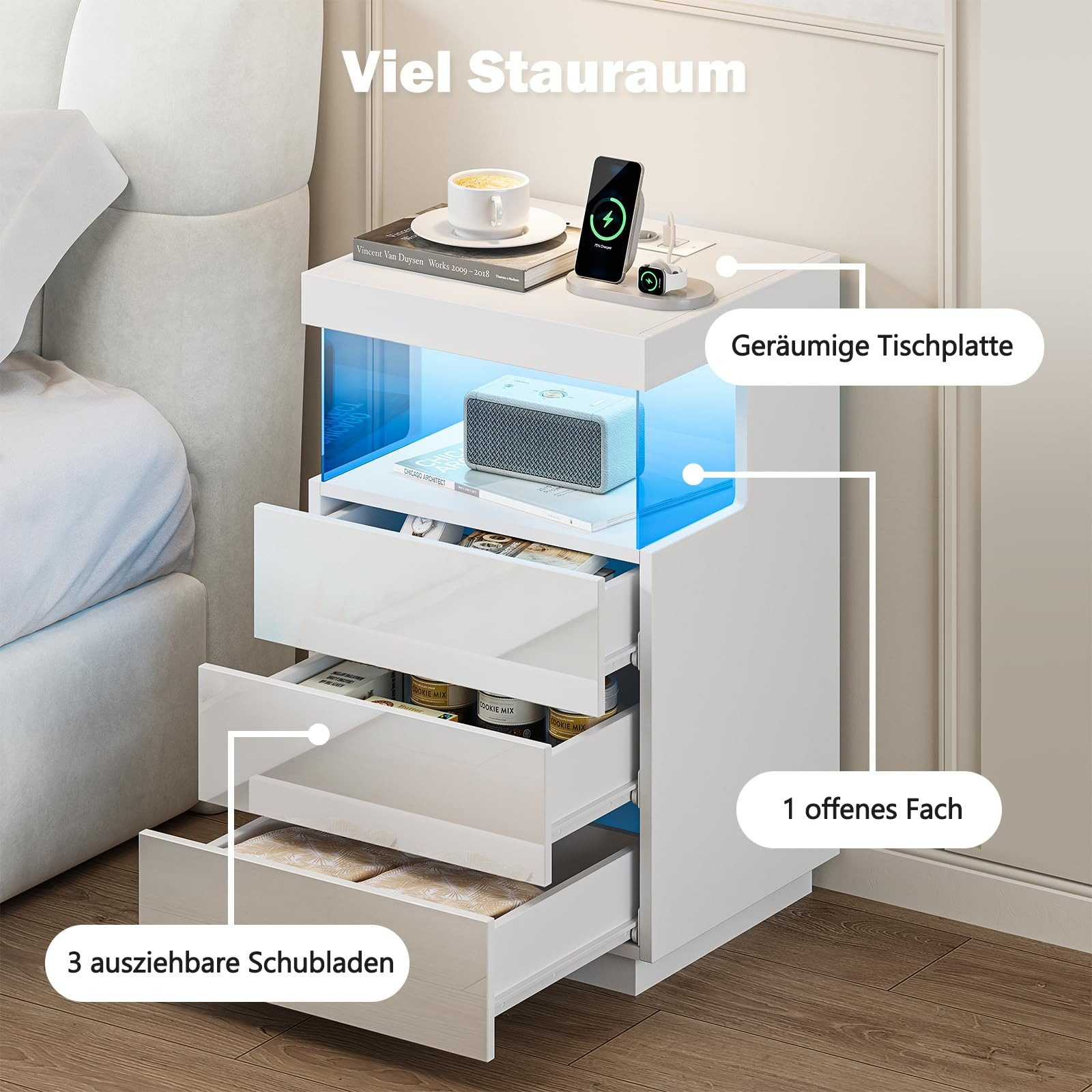 Dripex Nachttisch Nachttisch 2er Set mit Steckdose, 3 Schubladen LED Beistelltisch Weiß, Aus hochwertigen Spanplatten und MDF-Platten gefertigt