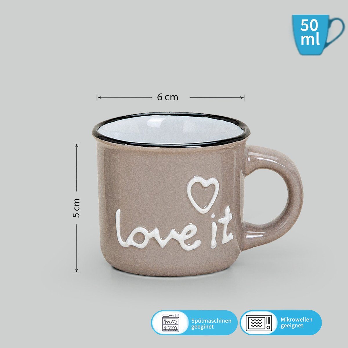 matches21 HOME & HOBBY Tasse Moderne Keramik Espresso-Tassen 6er Set braun beige 50 ml, 6-tlg., Keramik, Kleine Landhaus-Stil Vintage Henkel Herz Kaffee-Tassen