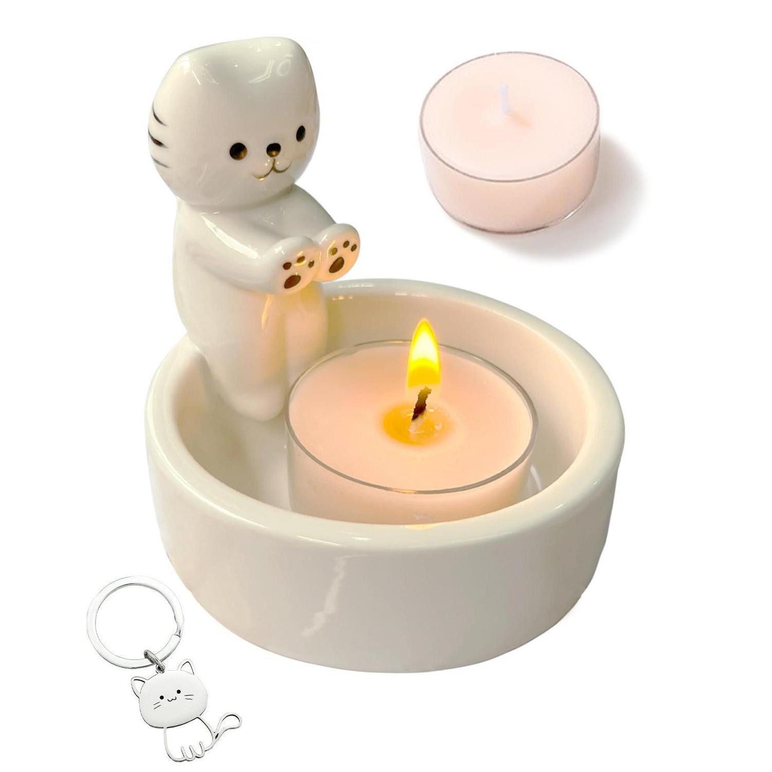 LuxusKollektion Teelichthalter Katzen Kerzenhalter Teelicht Geschenkset Deko White&pink