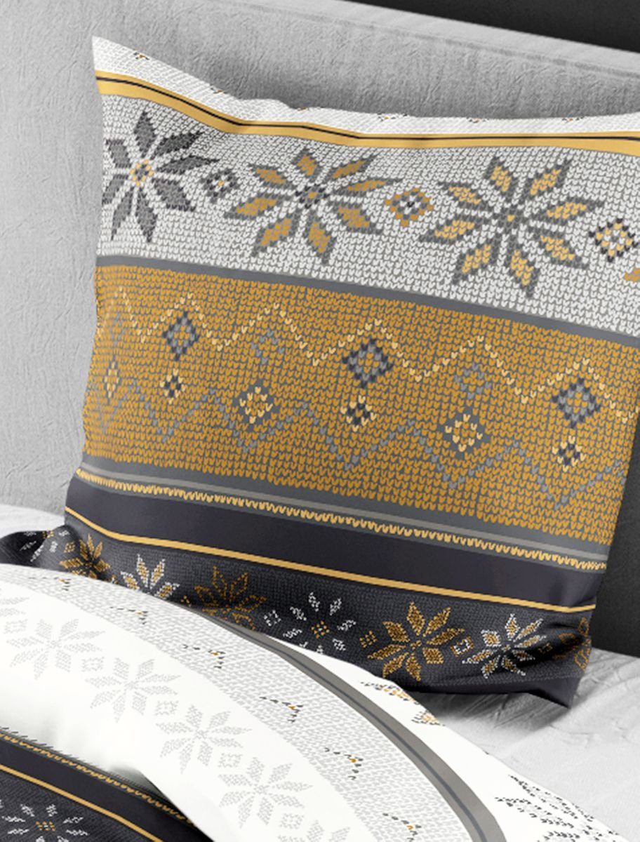 JACK Bettwäsche 135x200cm Strickmuster Braun Gelb Offwhite, Biber, 2 teilig günstig online kaufen