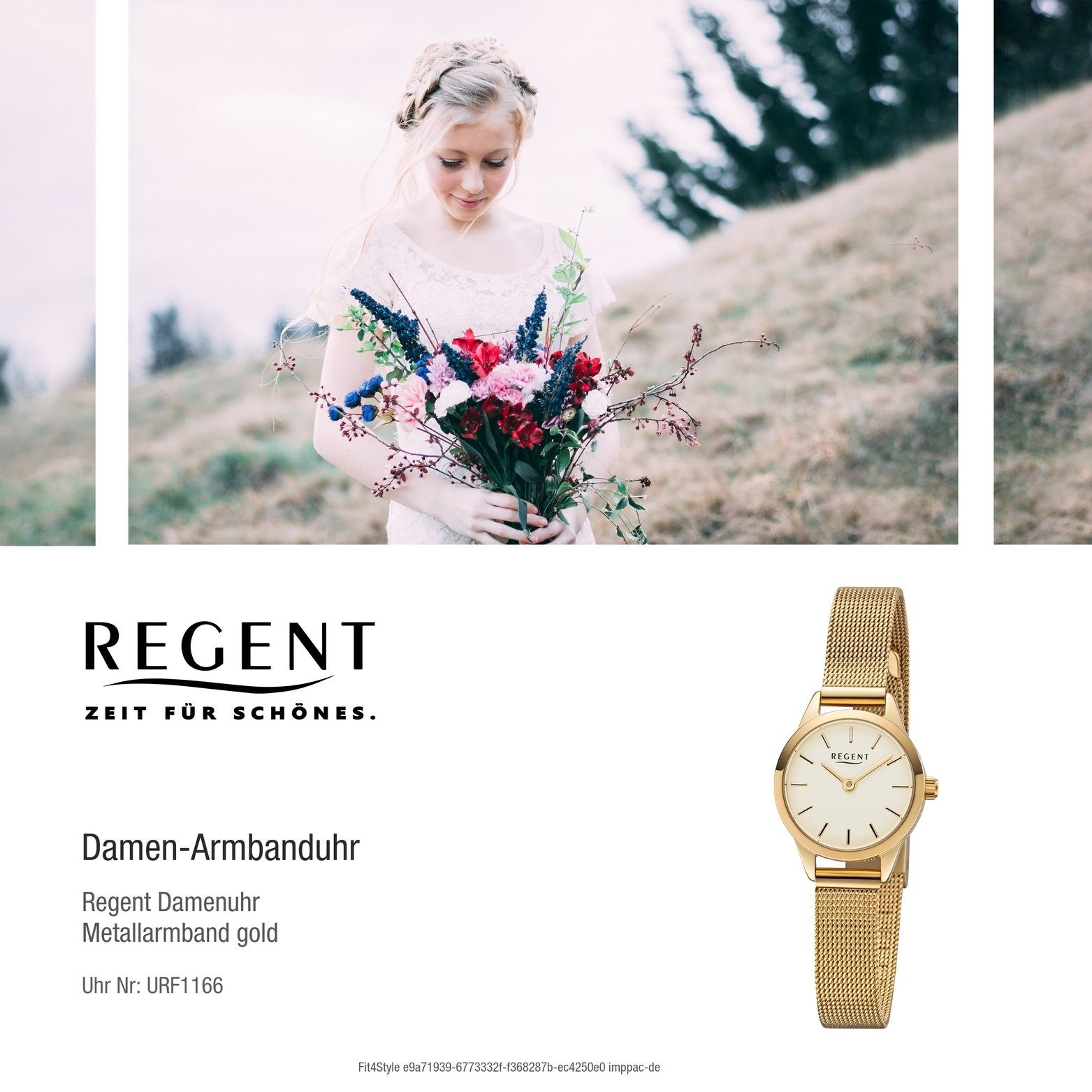 Damenuhr (ca. rundes Quarzuhr Damen klein Metall Gehäuse, Metallarmband gold, 18mm) Uhr Analog, Regent F-1166 Regent