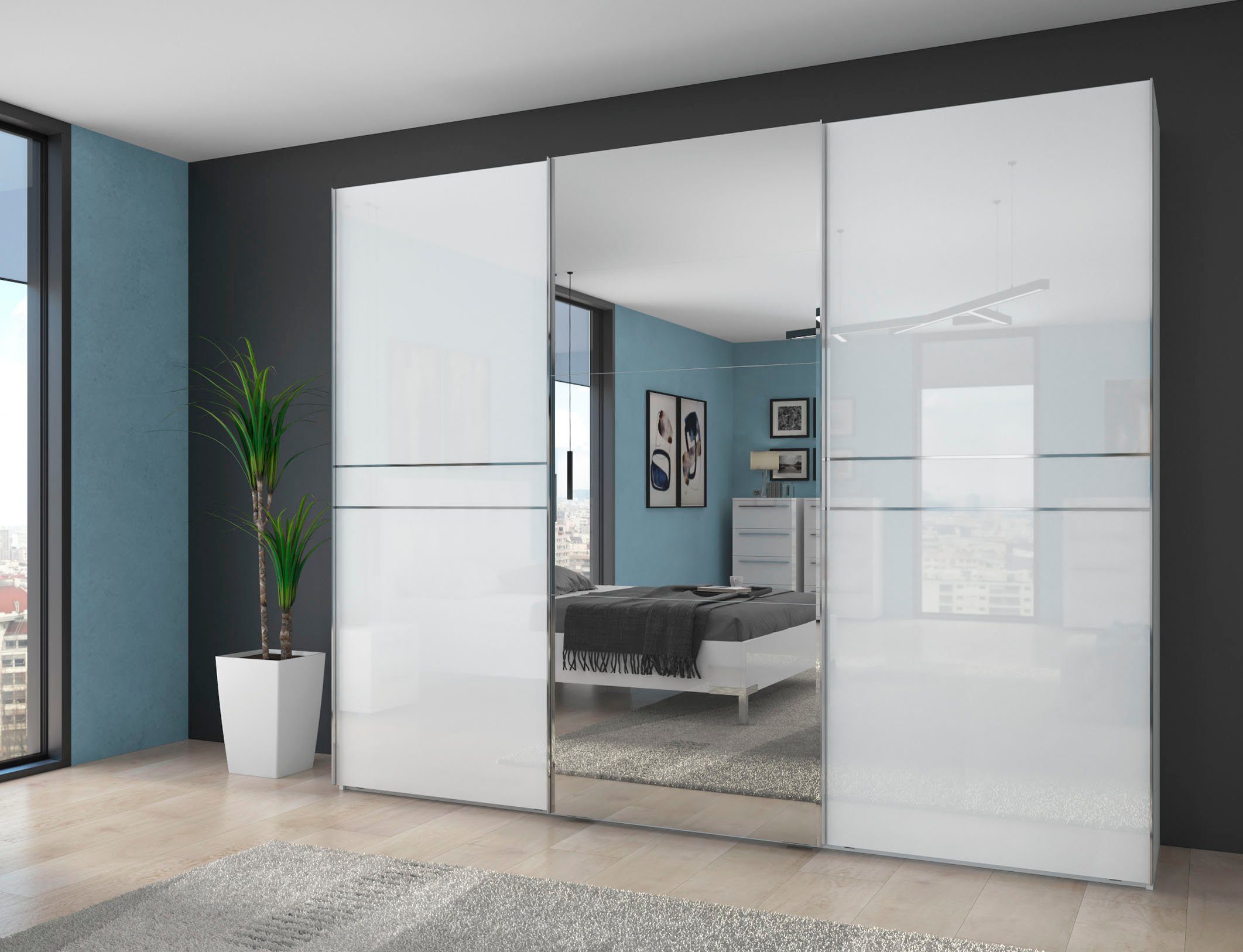 OTTO home Schwebetürenschrank Piano, mit Einlegeböden, Kleiderstangen, Spiegel, Türen soft-close (in 3 Breiten, 224cm hoch, mit verchromten Aufleistungen) mit Spiegeltür, FSC-zertifizierter Holzwerkstoff