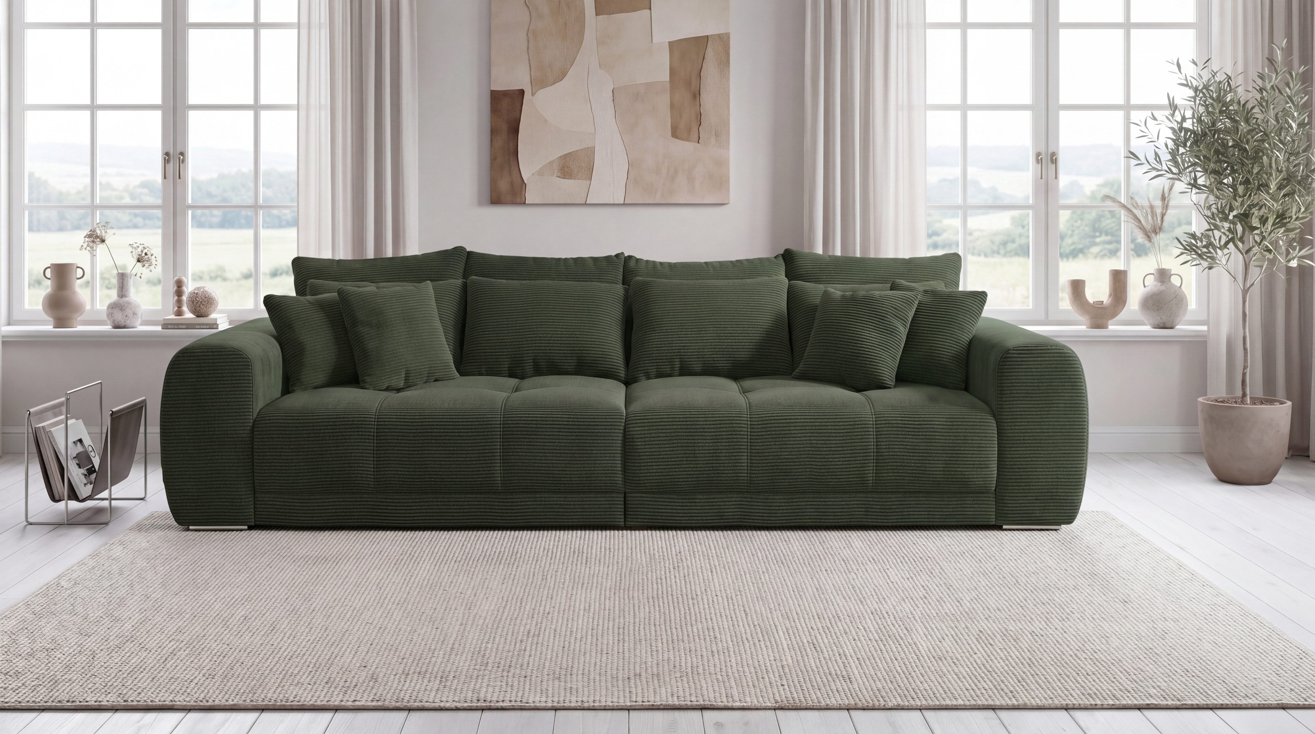 luma-home Big-Sofa 15172, XXL-Couch B306/T134/H86 cm, Liegefläche 120x240 cm mit Federkernpolsterung, viele Kissen, markante Steppungen, Cordstoff Grün