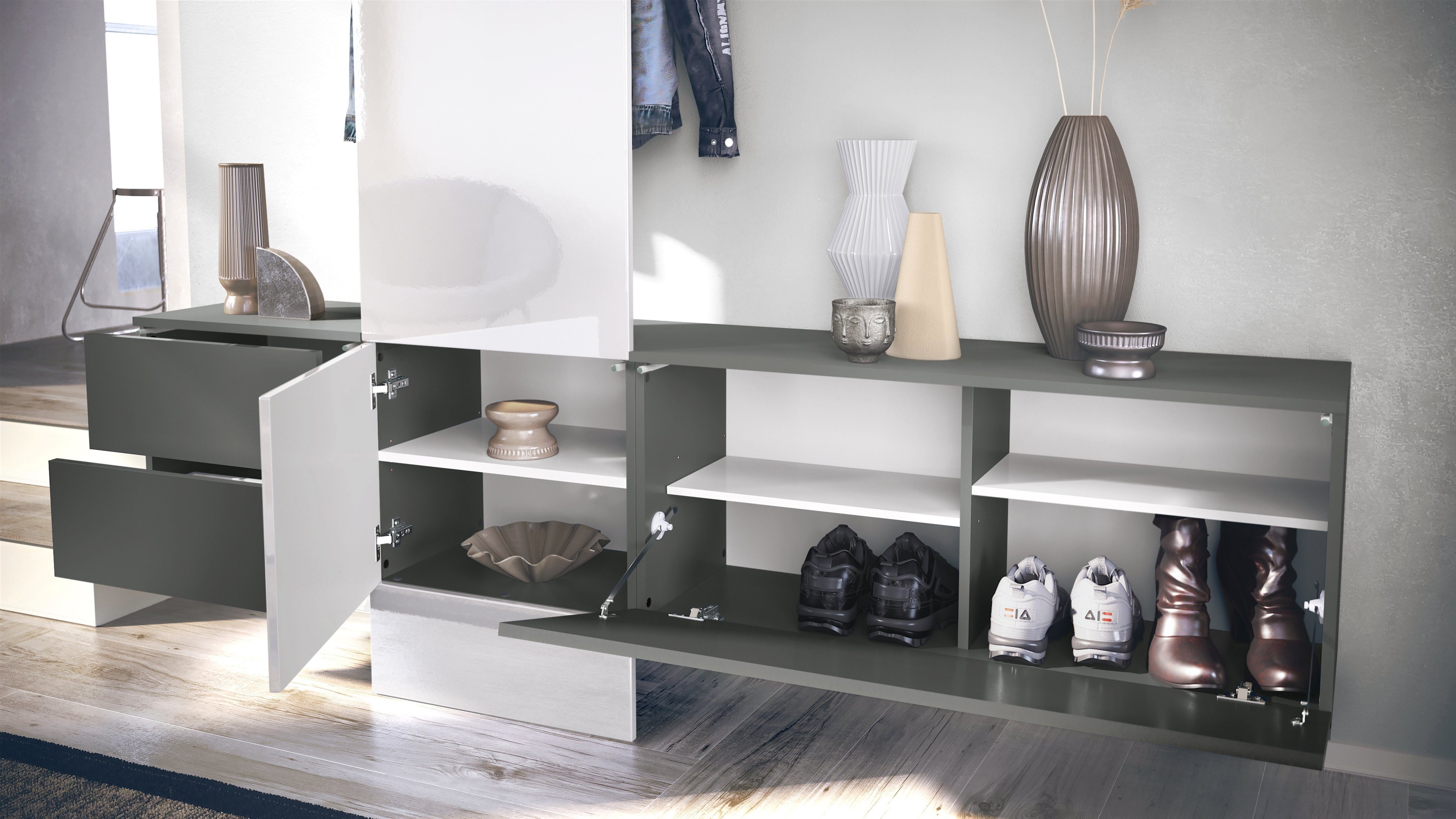 Vladon Garderoben-Set Carlton Set 1, (Wandgarderobe bestehend aus, 1 Paneel, 1 Schubkastenschrank und 1 Schrankmodul), Anthrazit matt/Beton Oxid Optik (209 x 193 x 35 cm)