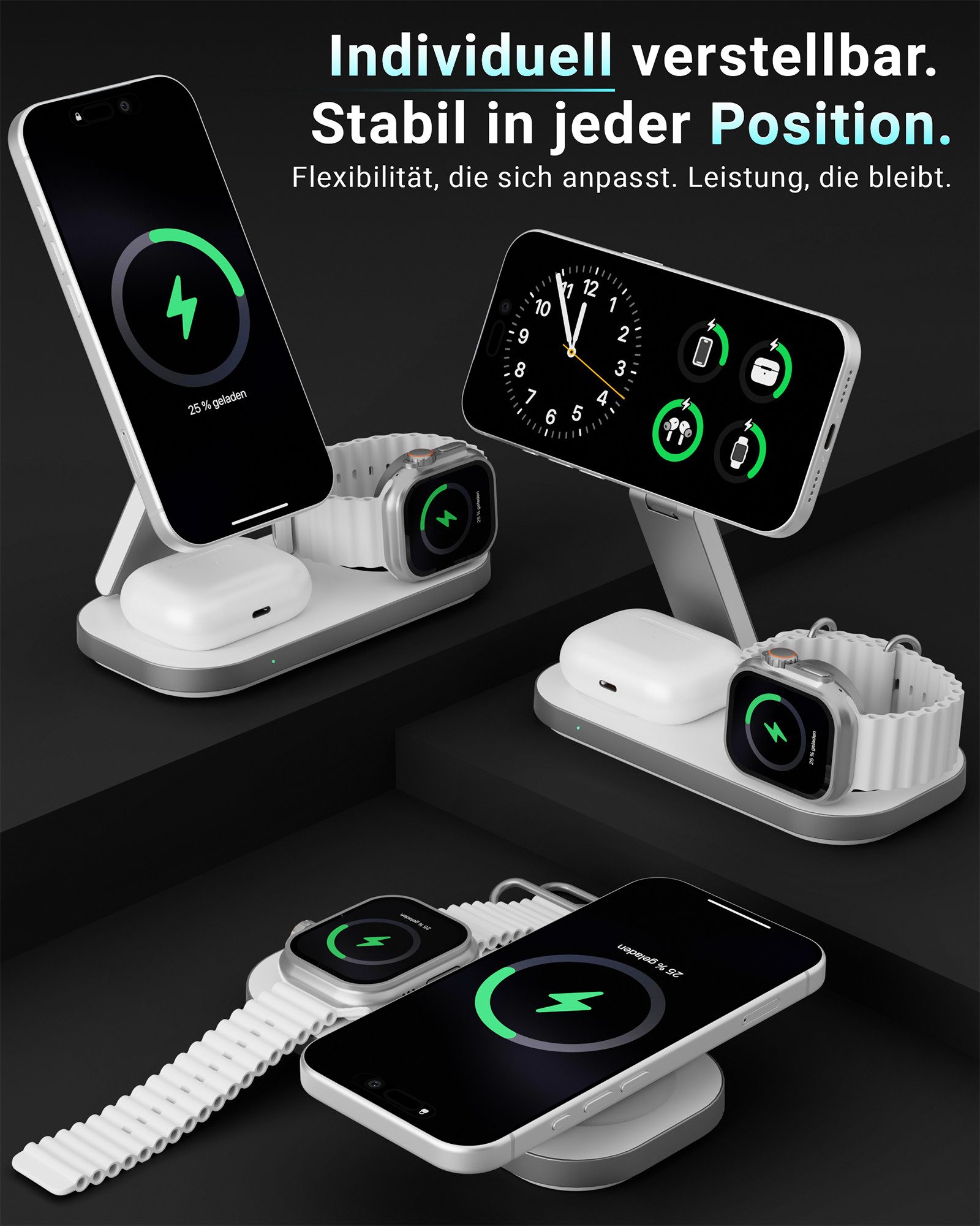 GreenHec Ladestation 25w Apple Watch iPhone 18 17 3in1 MagSafe Wireless Charger Wireless Charger (3000 mA, Spar-Set, 3in1 PowerBase + USB-C Kabel + 35w Ladegerä – Bild 4 von 5