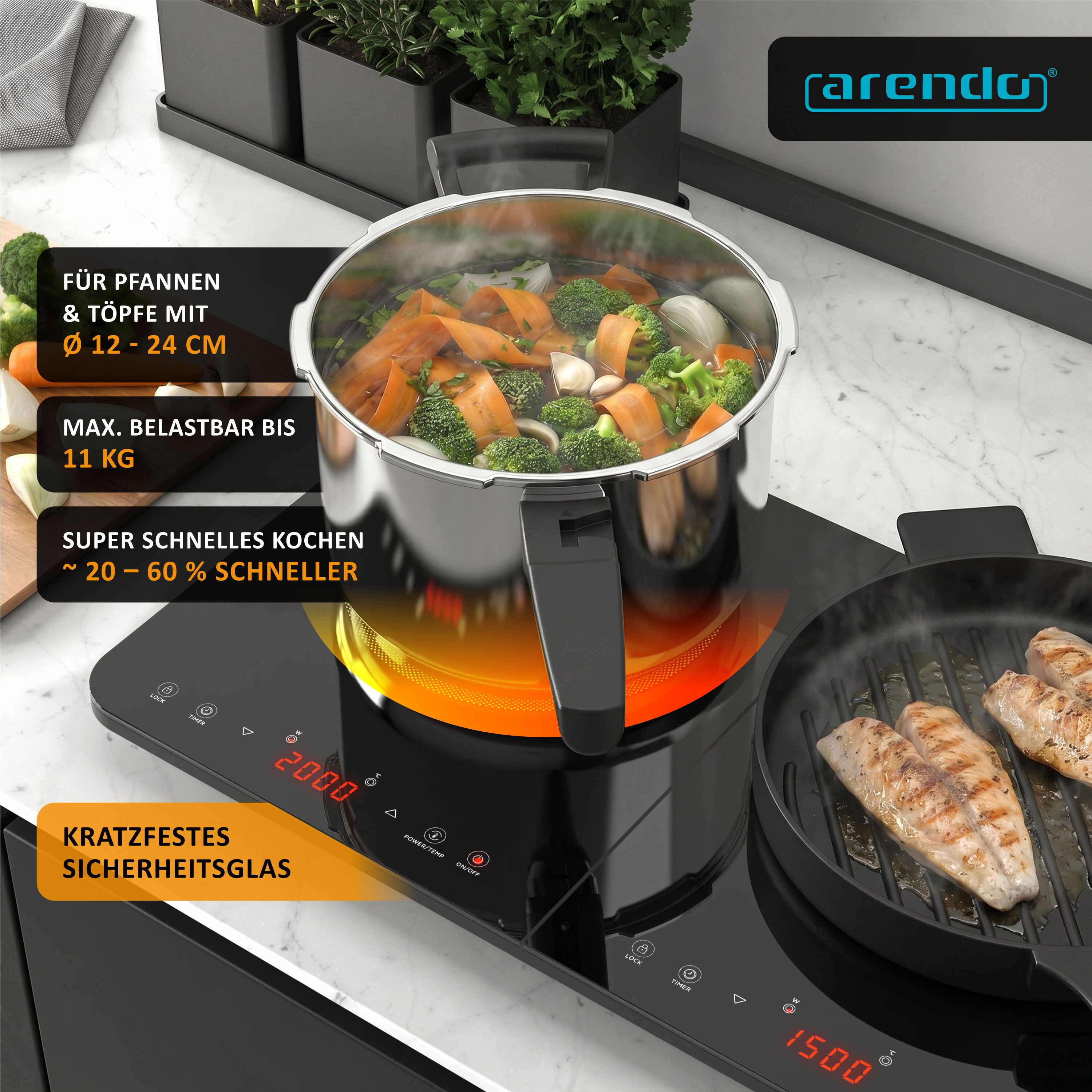 Arendo Induktions-Kochfeld Doppel-Induktionskochplatte 2 Platten, 3500 W, Glaskeramik, 2 Timer bis 4 h, Touch, automatische Topferkennung, Überhitzungsschutz – Bild 3 von 5