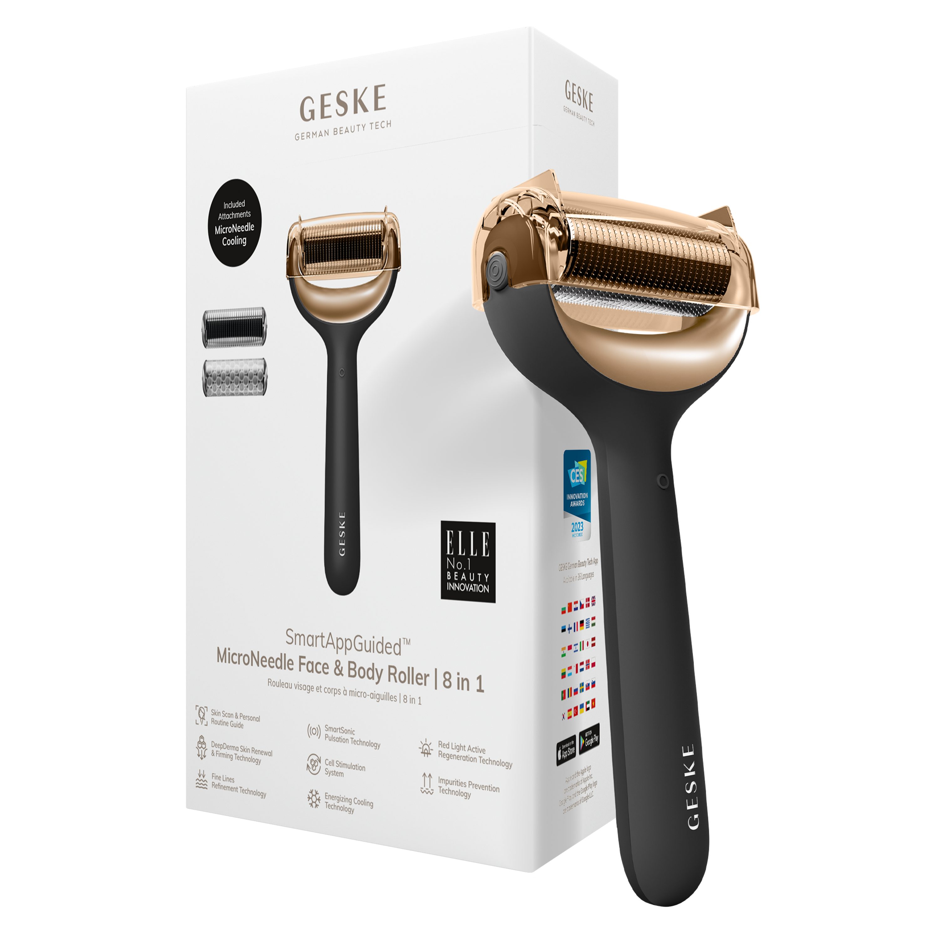 GESKE German Beauty Tech Micro-Needling SmartAppGuided™ MicroNeedle Face & Body Roller 8 in 1, Packung (Gerät & USB-Ladekabel), 4-tlg., Gerät inkl. kostenloser APP (SmartAppGuided Device), Mit der GESKE App erhältst Du deine personalisierte Hautpflegeroutine. Gray