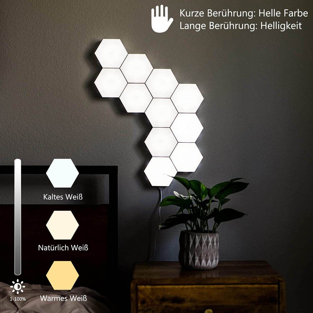 Hexagon Tricolor LED RGB wand, Farbe & Panel, Dekolicht zimmer Mit RGB, deko, 3 Rosnek Warmweiß, Touch-Bedienung, DIY Kaltweiß, Fernsteuerung Sechseck Naturweiß, gaming, LED Wandleuchte,