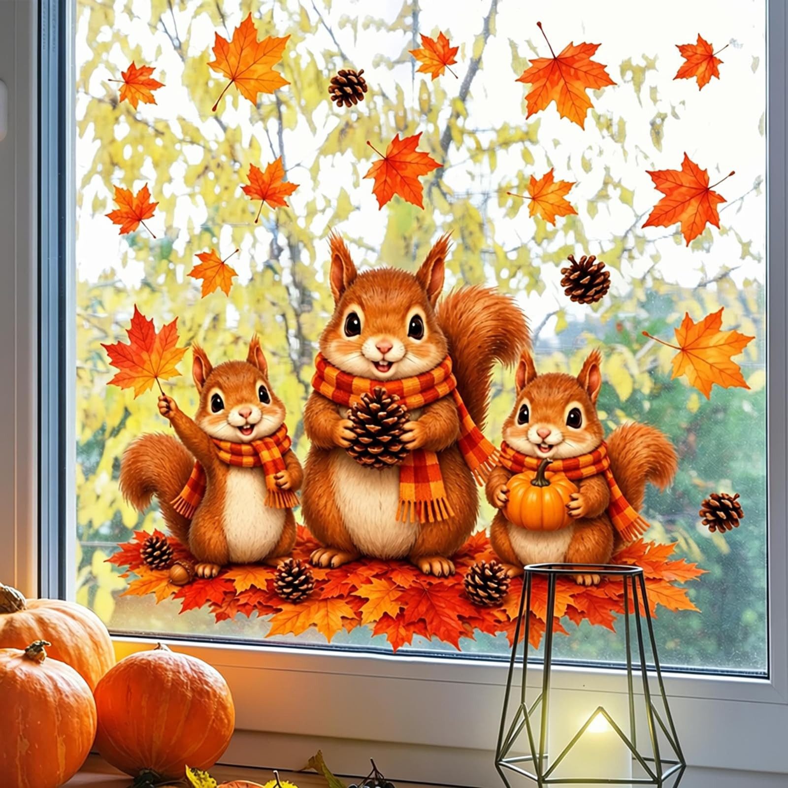Bomiclss Fensterbild Süßer Herbst-Fensteraufkleber,Motiv:Eichhörnchen mit Schal, 60 x 30 cm, 2er-Pack,Statisch haftend, Ahornblatt-Muster, wiederverwendbar – Bild 2 von 5