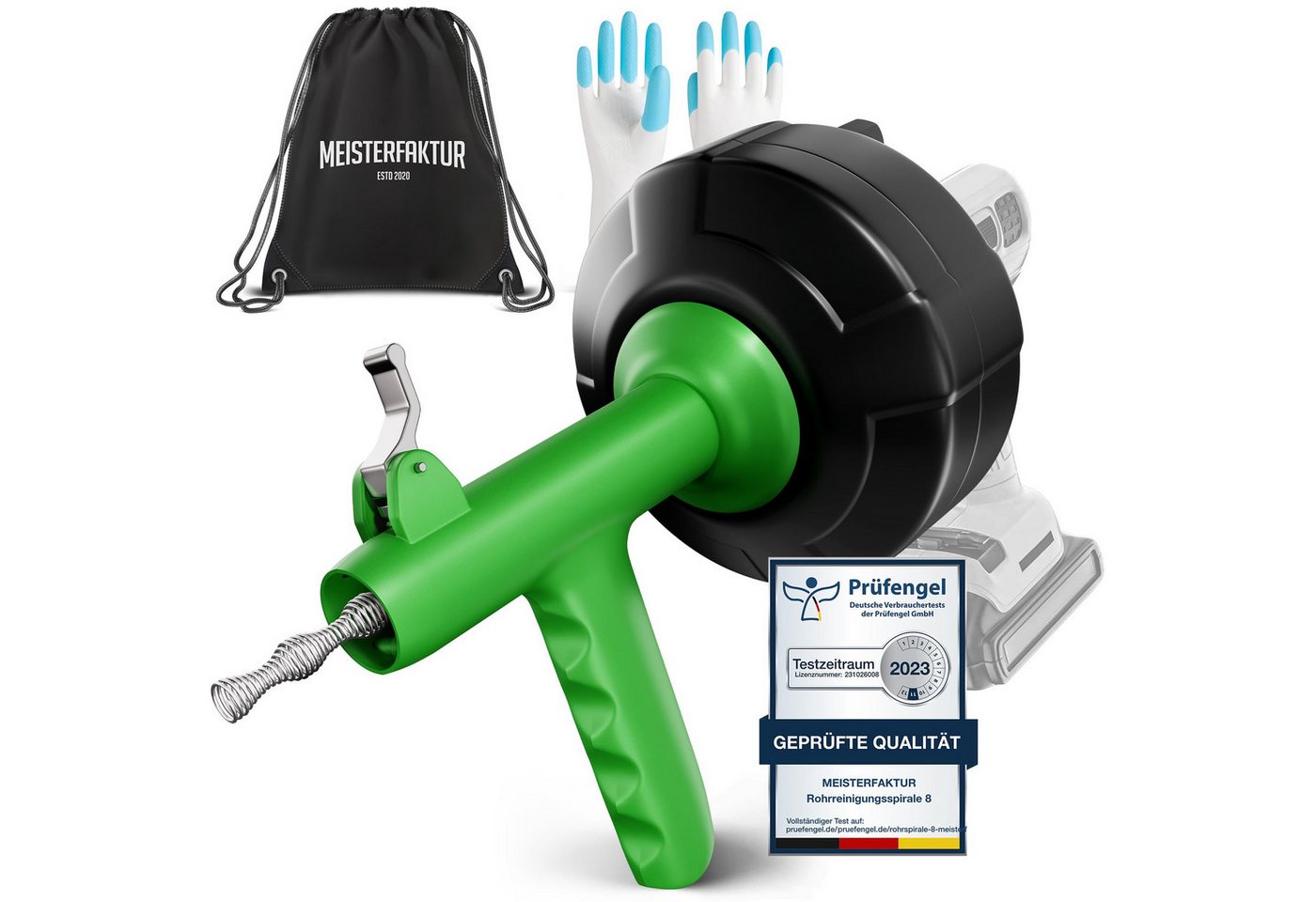 Meisterfaktur Rohrreinigungsspirale Automatik Funktion - Abflussspirale mit automatischer Zuführung, L: 750 cm, ∅ 66 mm, Die Rohrspirale für echte Heimwerker!