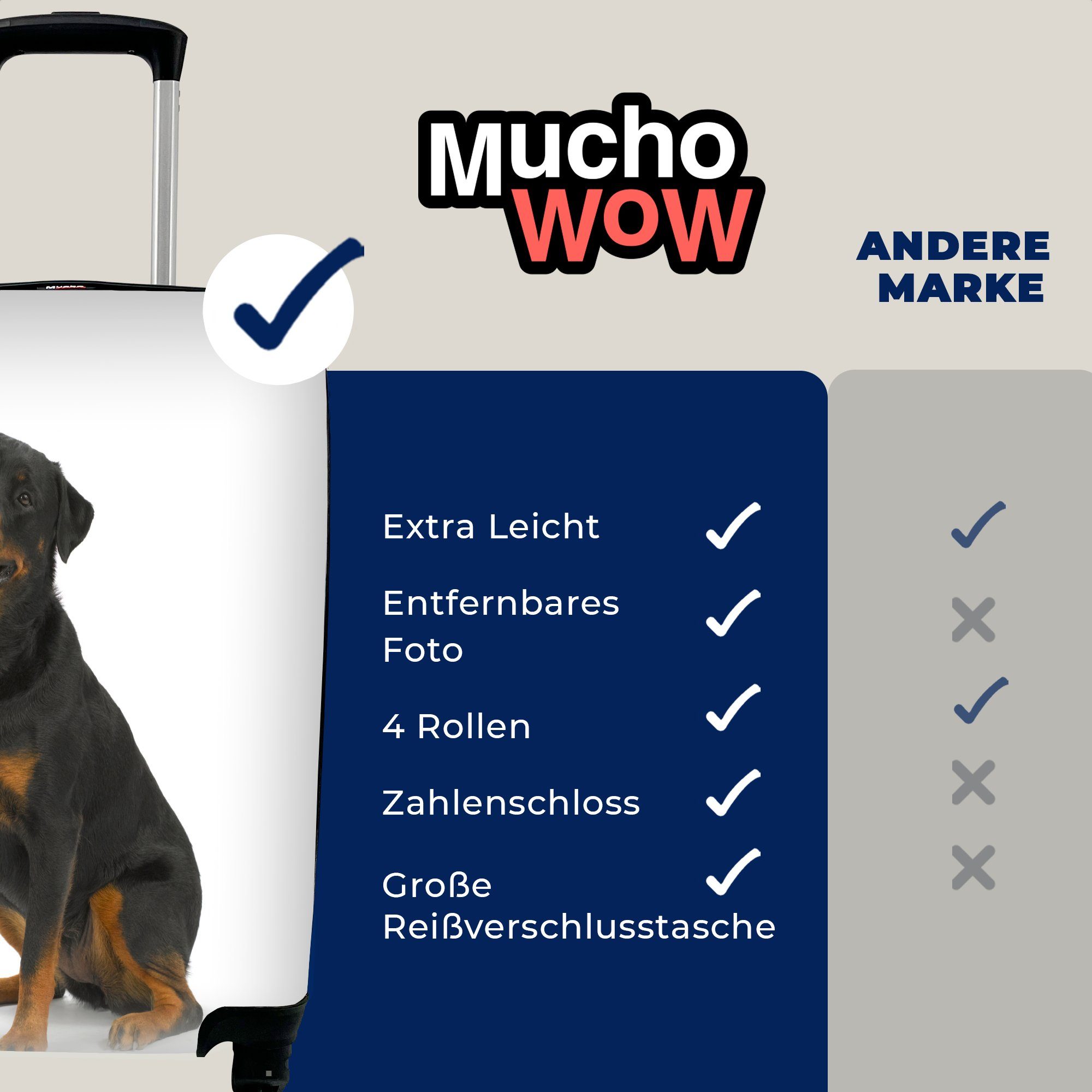 MuchoWow Handgepäckkoffer Rottweiler auf weißem Ferien, Handgepäck Hintergrund, Reisetasche Trolley, Reisekoffer 4 für mit rollen, Rollen