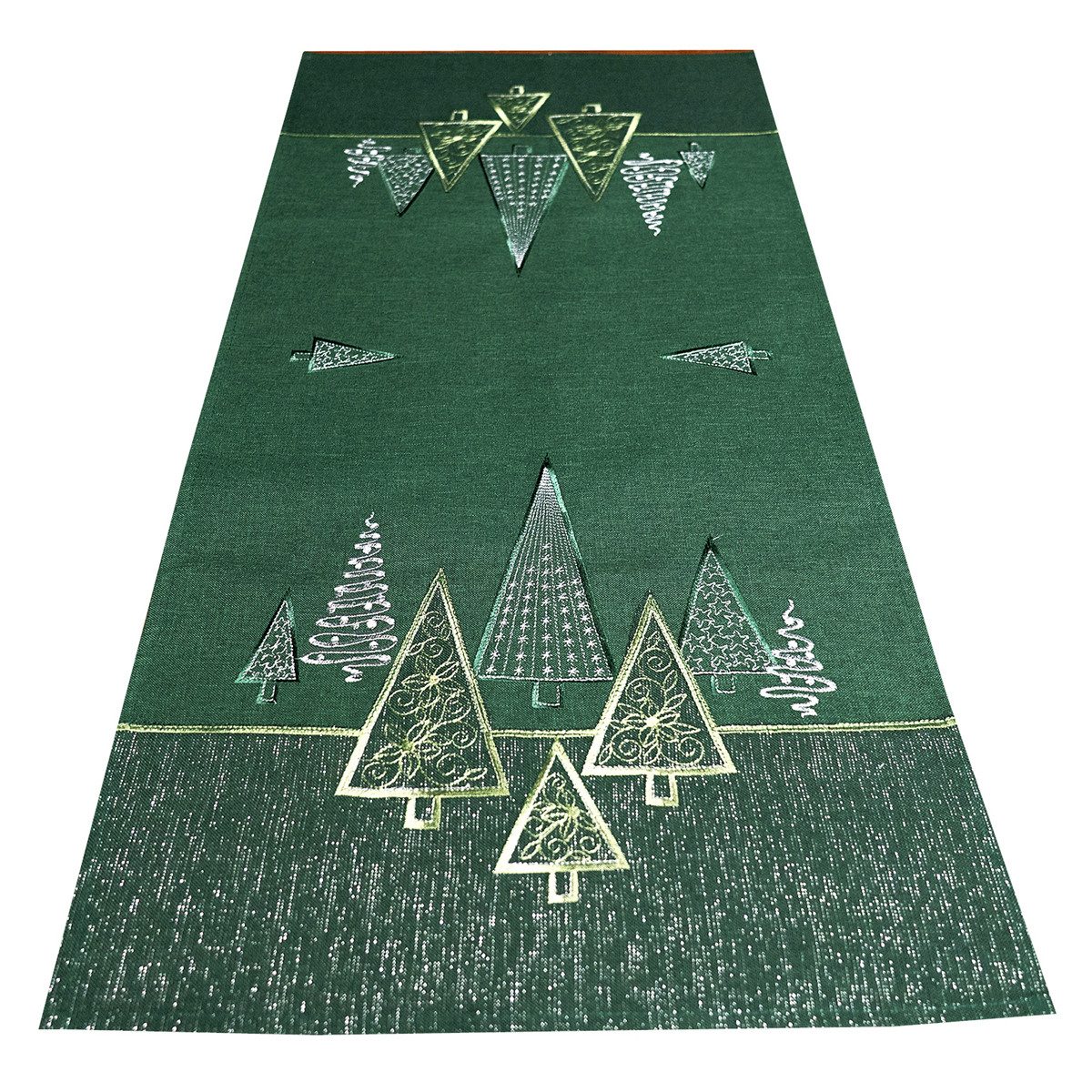 Raebel Tischdecke Dreieck Tannenbaum Tischläufer 40x90 Dunkelgrün Weihnachten, Dreieck Tannenbaum Stickerei Lurex Glitzer Dunkelgrün