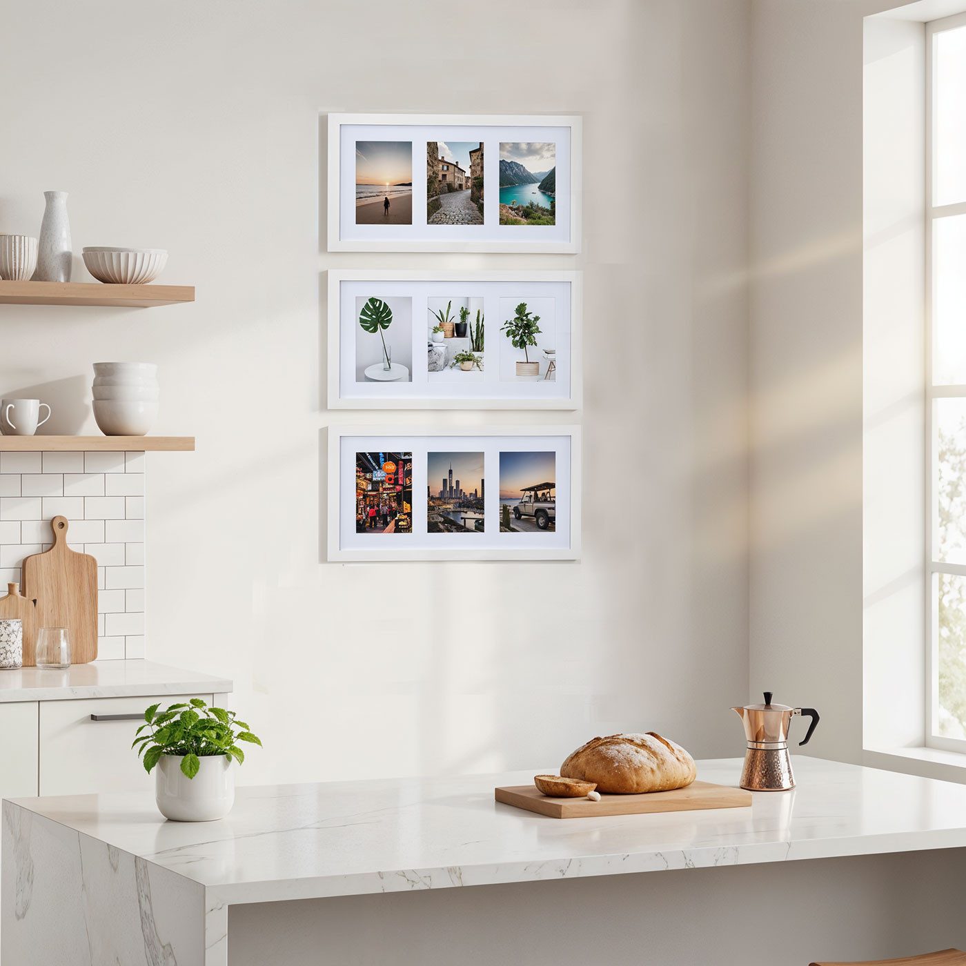 Levandeo® Bilderrahmen Collage, 3er Set Bilderrahmen Collage 9 Fotos 10x15cm Ahorn Weiß MDF