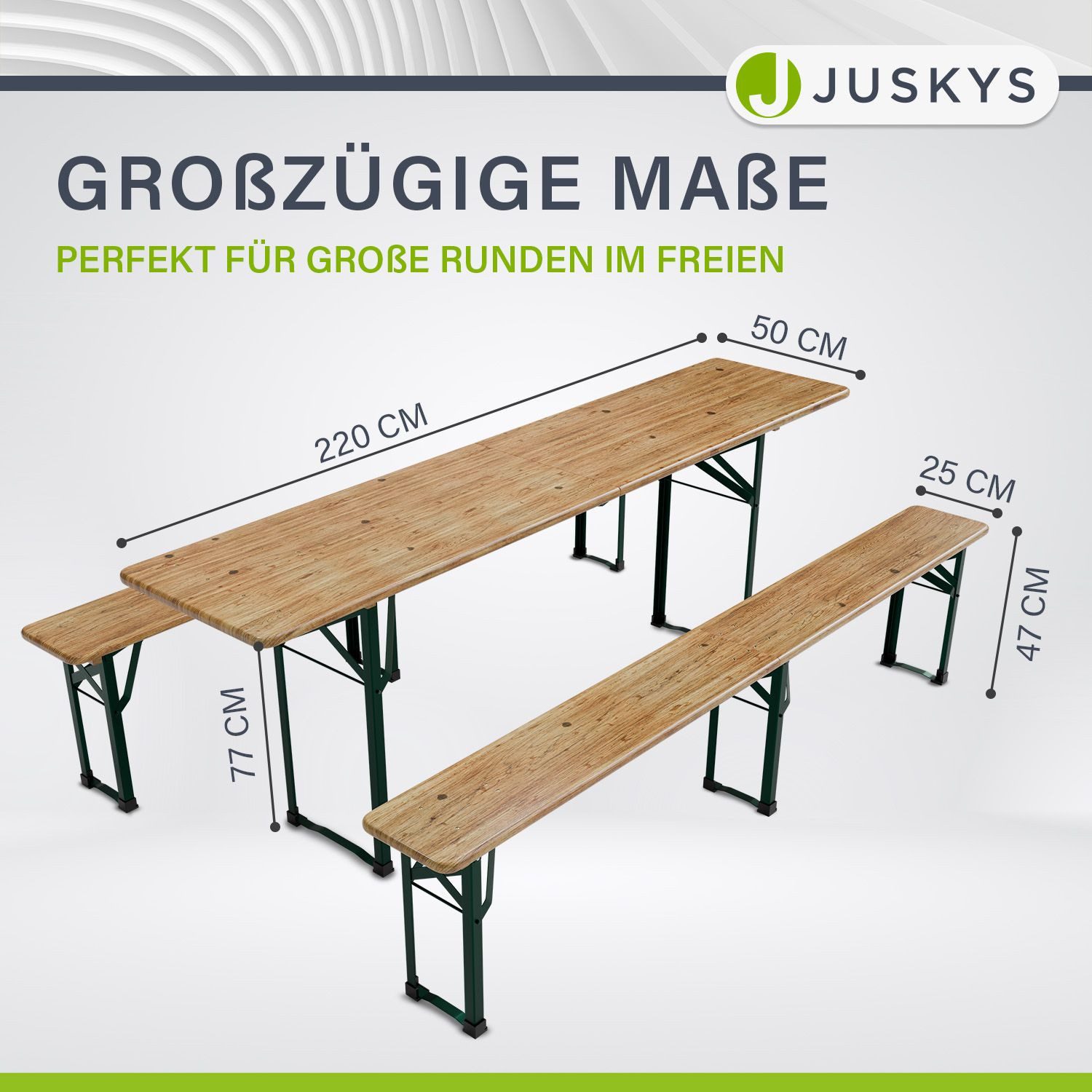Juskys Bierzeltgarnitur Passau, (3-tlg), klappbar, lackierte Oberfläche, natürliche Optik, inkl. Bodenschoner