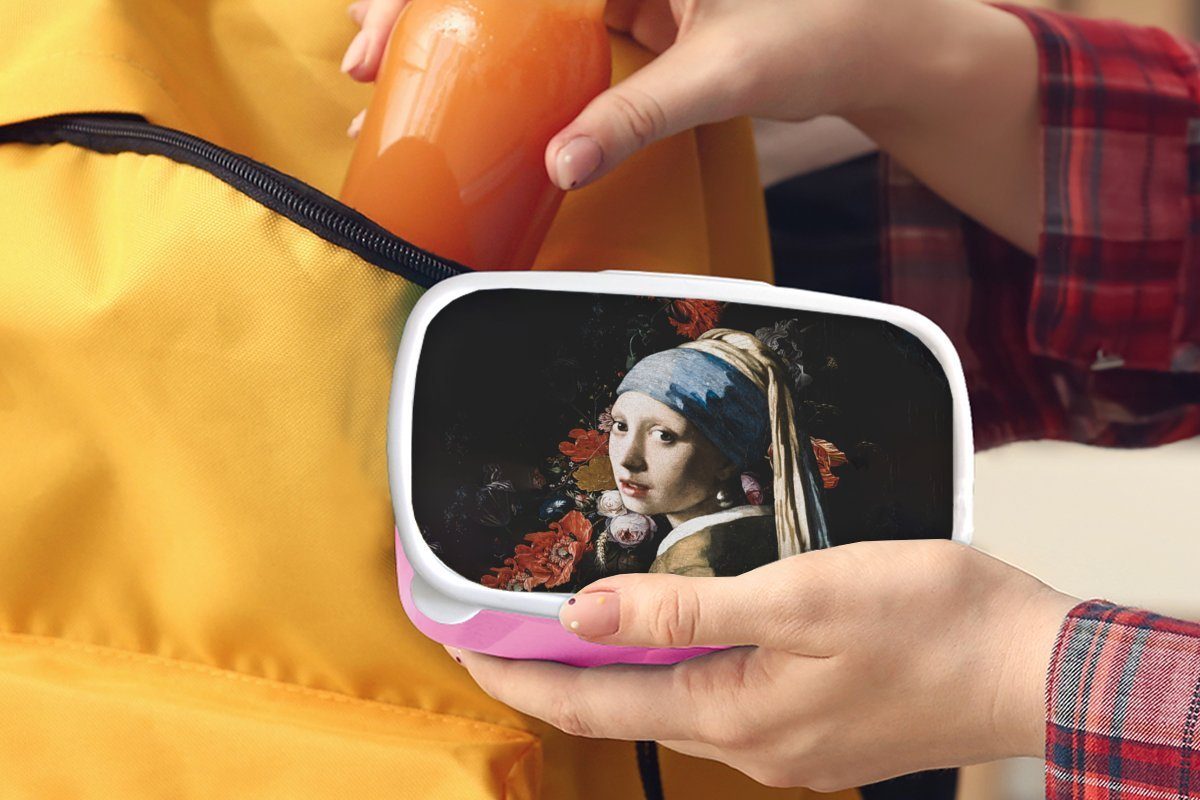 Perlenohrring Das Mädchen für Vermeer mit Snackbox, - Kinder, Brotdose MuchoWow Erwachsene, Lunchbox Blumen, Kunststoff, - Brotbox Mädchen, (2-tlg), Kunststoff rosa dem